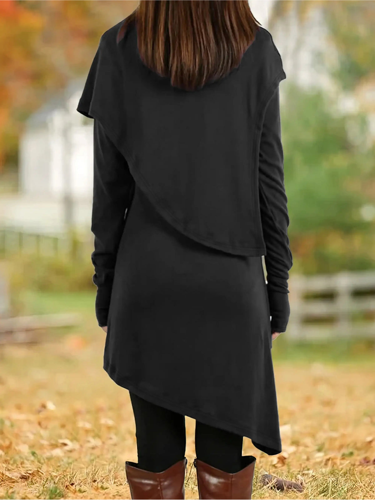 Women'S Elegant A-Line Slim-Fit Long Sleeve High Neck Dress with Short Jacket Sleeves - Solid Black Round Neck Winter Dress for Office, Party, Wedding Guest - Machine Washable Fall Winter Formal Attire, Casual to Semi-Formal