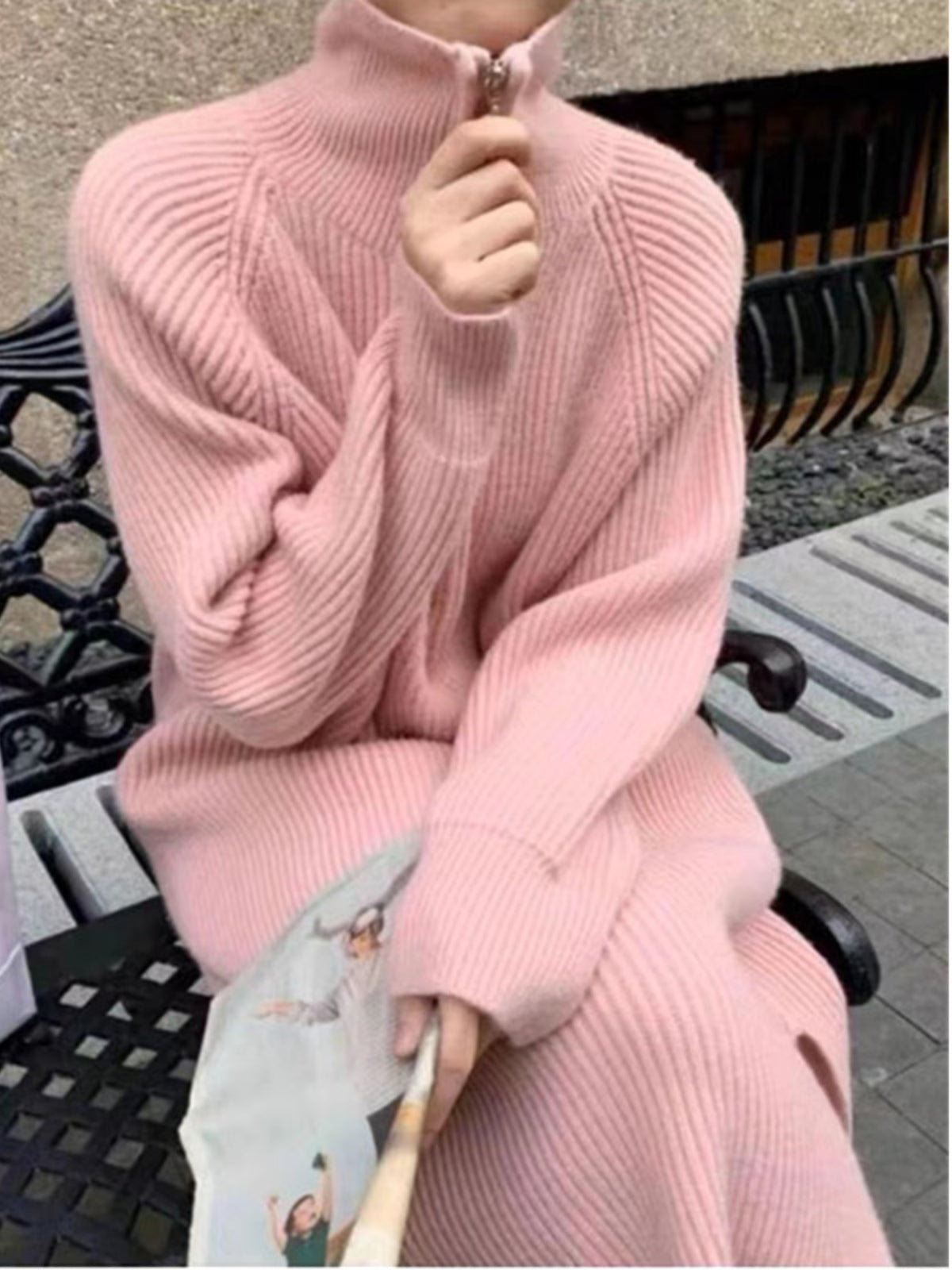 Women'S Elegant V-Neck Sweater Dress - Soft Pink Winter Dress with Zipper Closure, Knee-Length Layering Piece for Casual & Formal Events - Cozy Fall/Winter Outfits