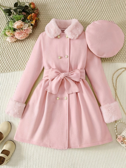 Girls' Elegant Winter Party Dress with Faux Fur Trim & Belt - Soft Pink Long Sleeve Knee-Length Coat, Regular Fit for Outdoor Events, Fall/Winter Fashion, Winter Dresses for Girls, Seasonal Kids' Wear, Chic Kids' Outfit, Dura