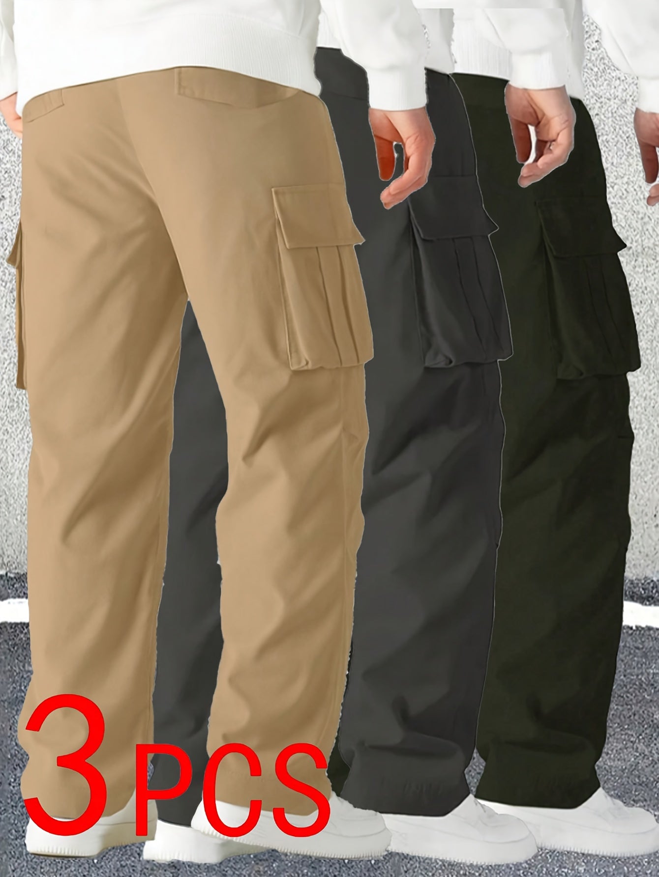 [Stylish | Versatile] 3pcs Stylish Versatile Men's Cargo Pants | Spring Autumn Outdoor Sports Straight-Leg Casual Long | Street Retro American Trendy Trousers