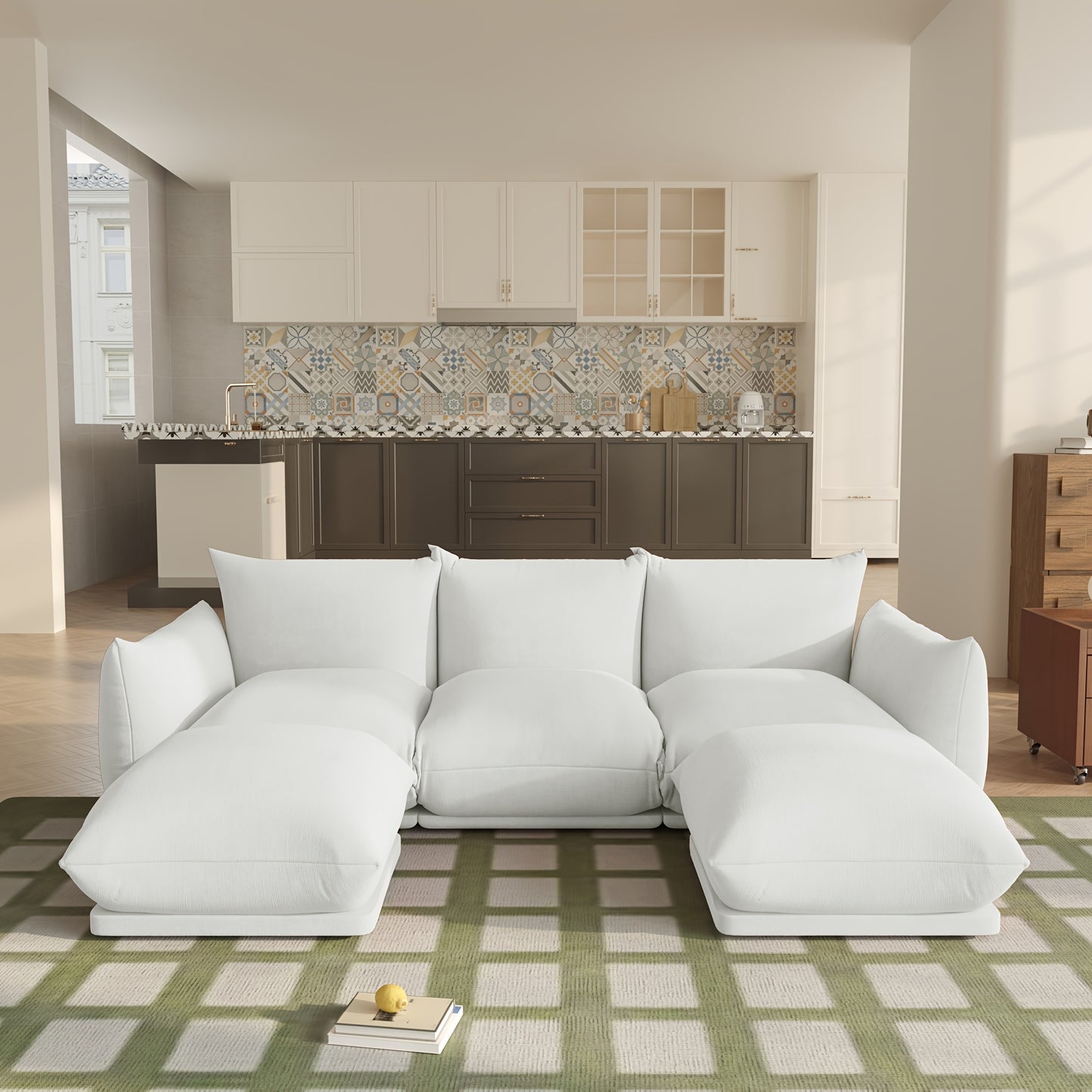 [5-Seater Modular Chenille Sofa] Modular Chenille Minimalist U-Shaped 5-Seater Sectional Sofa with Wide Reversible Chaise Ottoman for Living Room, Bedroom, Office, Apartment