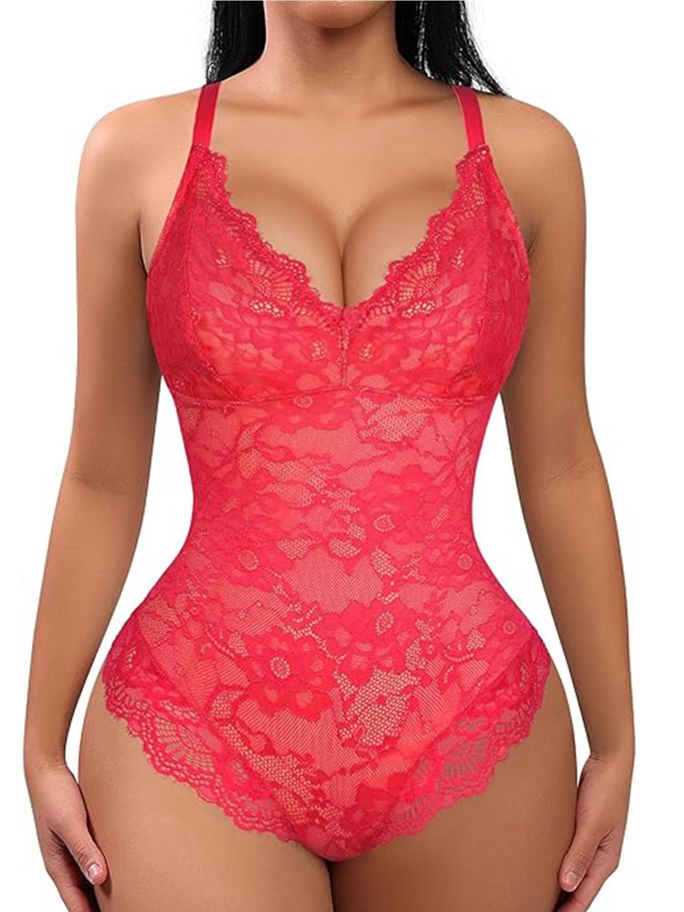 FeelinGirl Shapewear Bodysuits for Women Lace Shapewear Tummy Control V-Neck Sleeveless Bodysuit Tops Jumpsuit
