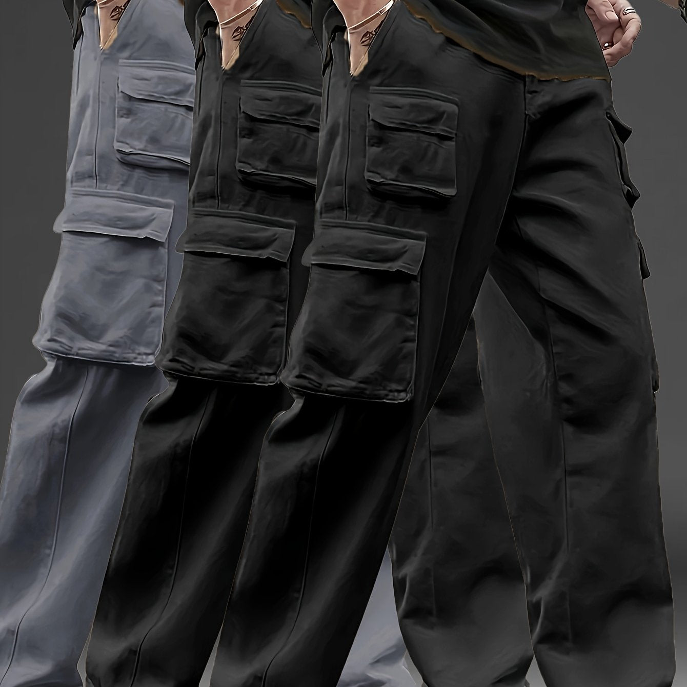 3pcs Men's Multi-Pocket Cargo Pants: Features a Trendy Loose Fit and Durable Design, Making Them Versatile Casual Work Pants Perfect for Outdoor Sports, Daily Wear, Travel, and Various Other Occasions.