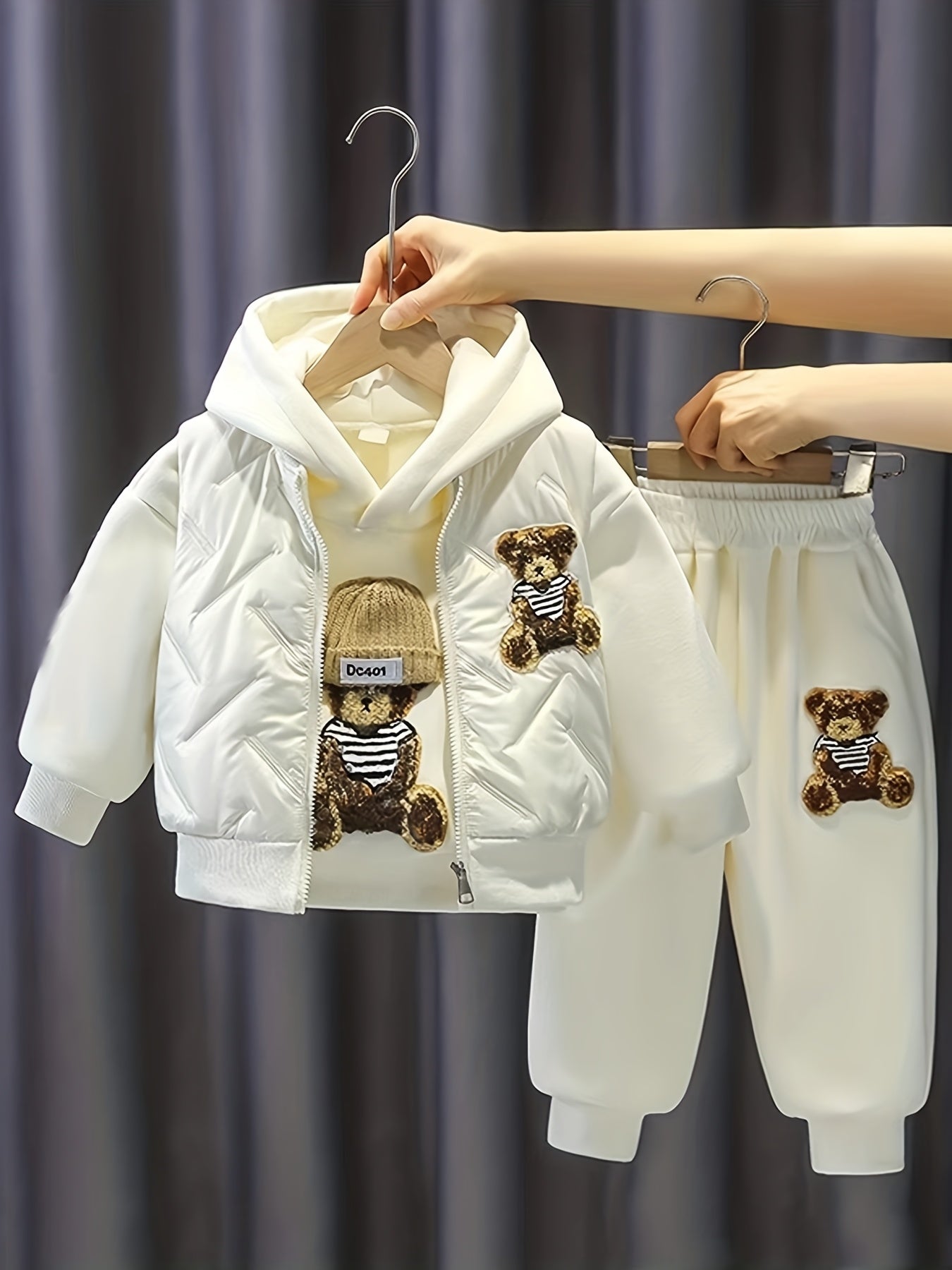 Girls' Thickened Fleece-Lined Hooded Sweatshirt & Pants Set - Cozy Winter Outfit with Bear & Teddy Bear Design, Casual Style, Long Sleeve Pullover & Straight-Leg Pants, Perfect Gift for Girls, for Outdoor