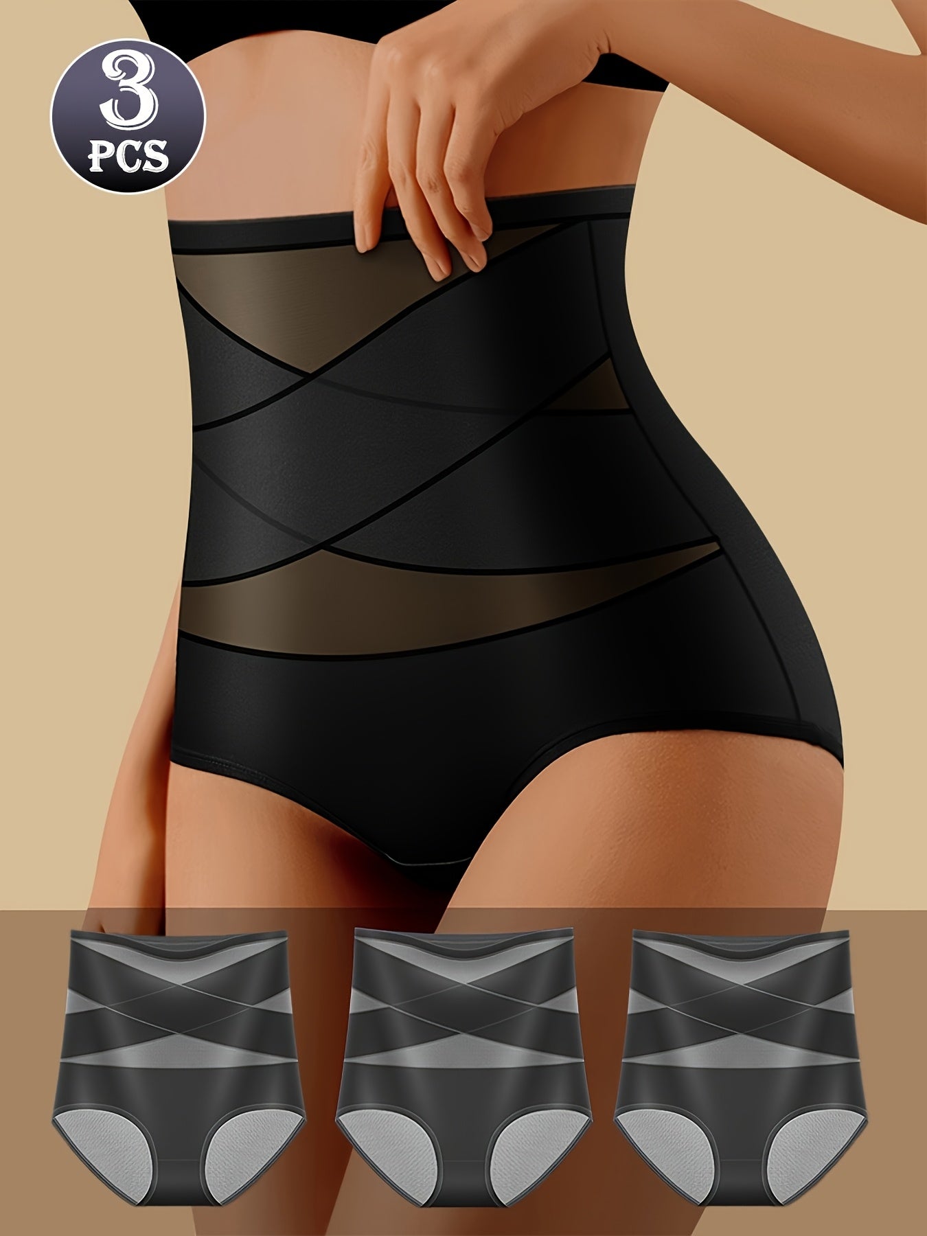 [3pcs High-Waisted Briefs] 3pcs Women's High-Waisted Cross-Strap Briefs - Breathable Comfort, Butt-Lifting Waist Cincher, Solid Color Set (Beige/White/Black), Everyday Casual Wear, Comfortable Undergarment, Simple Design, Smo