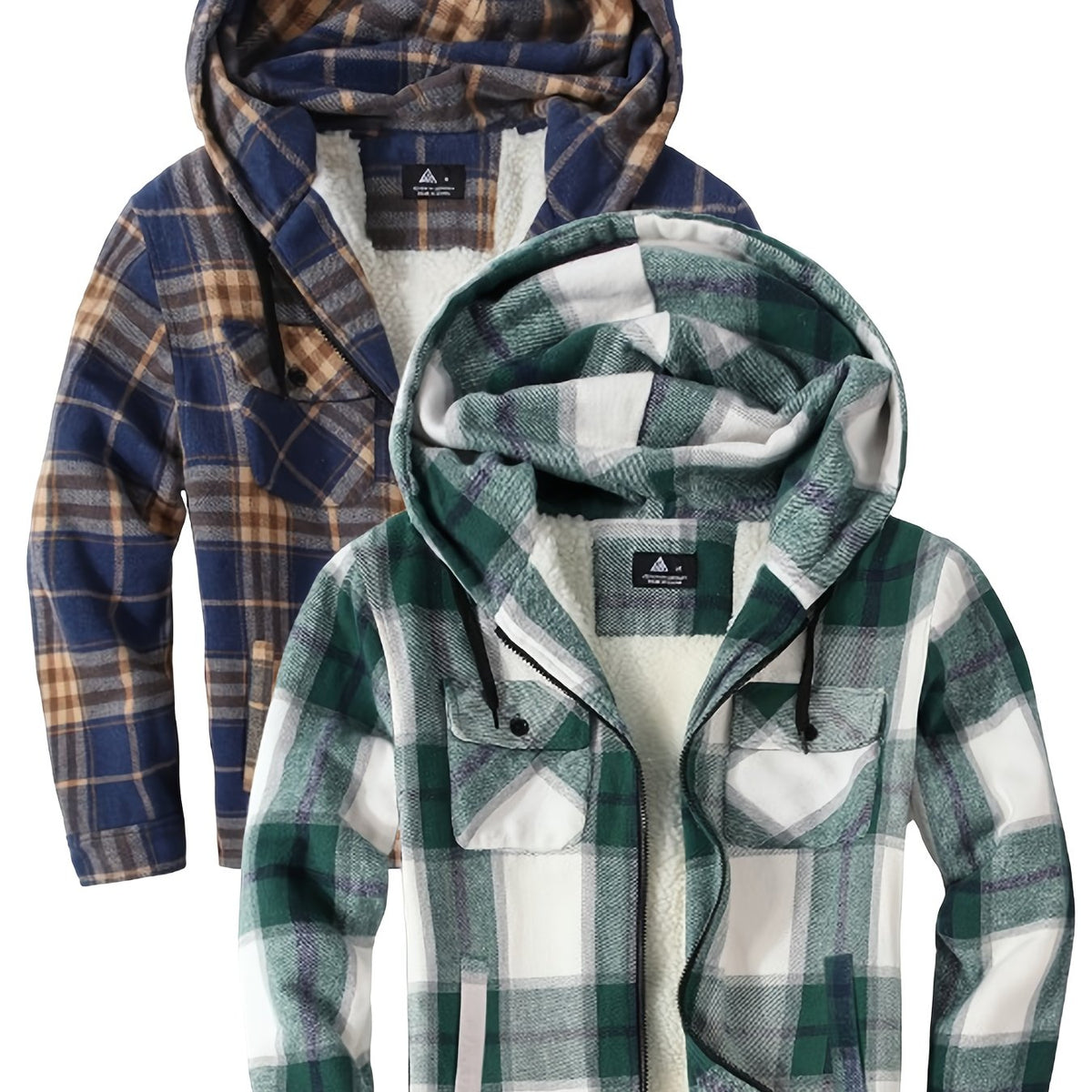 2pcs Men's Heavy Duty Sweater Hooded Jacket - Fully Zipped Thick Snow Mountain Lined Flannel Plaid Shirt with Pockets, Casual Style, Perfect for Fall And Winter, Hooded Collar, Regular Fit, Plaid Pattern, Men's Jacket, Cold W
