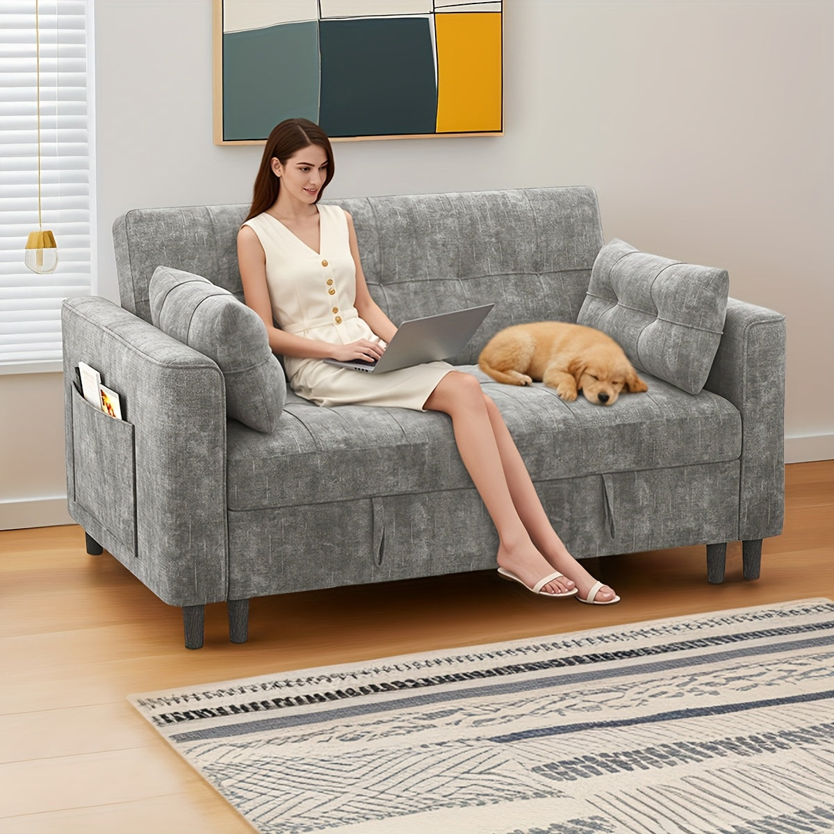 Convertible 3-in-1 Sofa Bed, Foldable Sleeper Chair with Pull-Out Design with Soft Chenille Fabric and Pull-Out Sleeper, Sturdy Wood Frame, Adjustable Backrest, Side Storage Pockets, Space-Saving Modern Sofa Bed for Living Ro