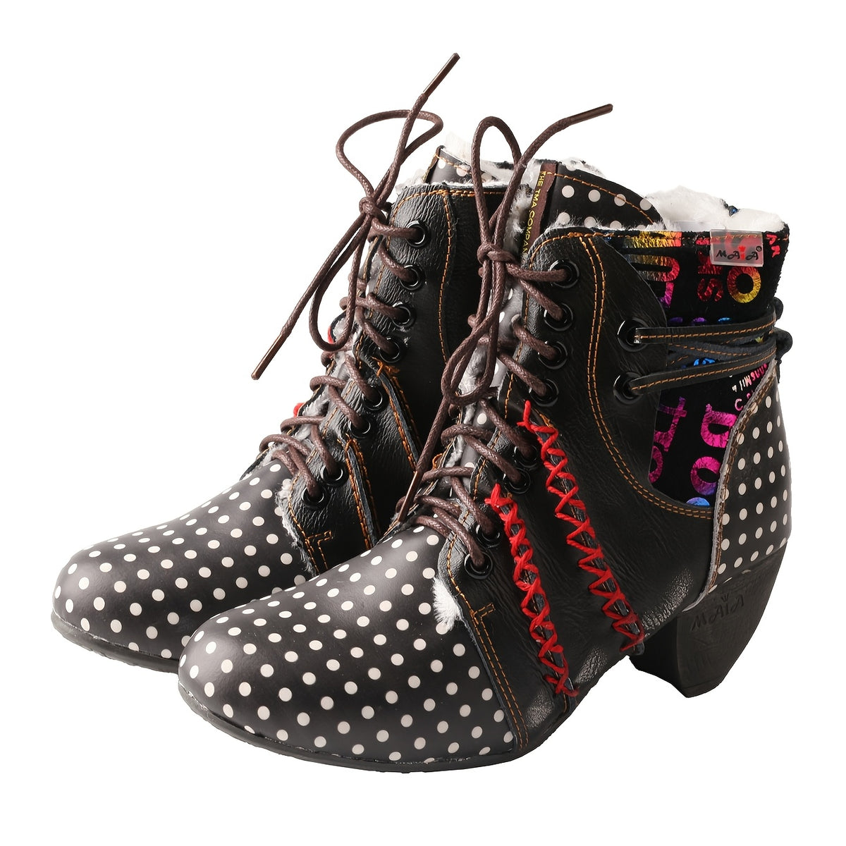 TMA EYES Polka Dot Leather Handmade Stitching Warm And Velvet Women'S Boots