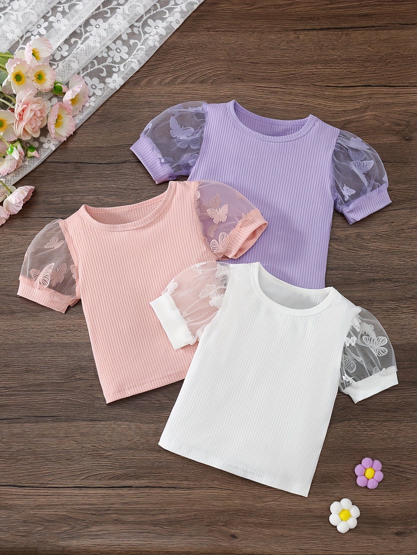 Three-Piece Set • Cute Tulle Sleeve T-Shirts • for Girls