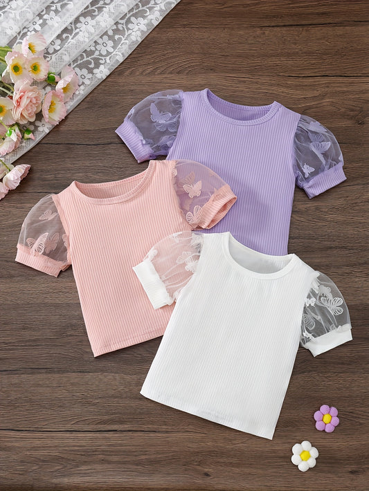 Three-Piece Set • Cute Tulle Sleeve T-Shirts • for Girls