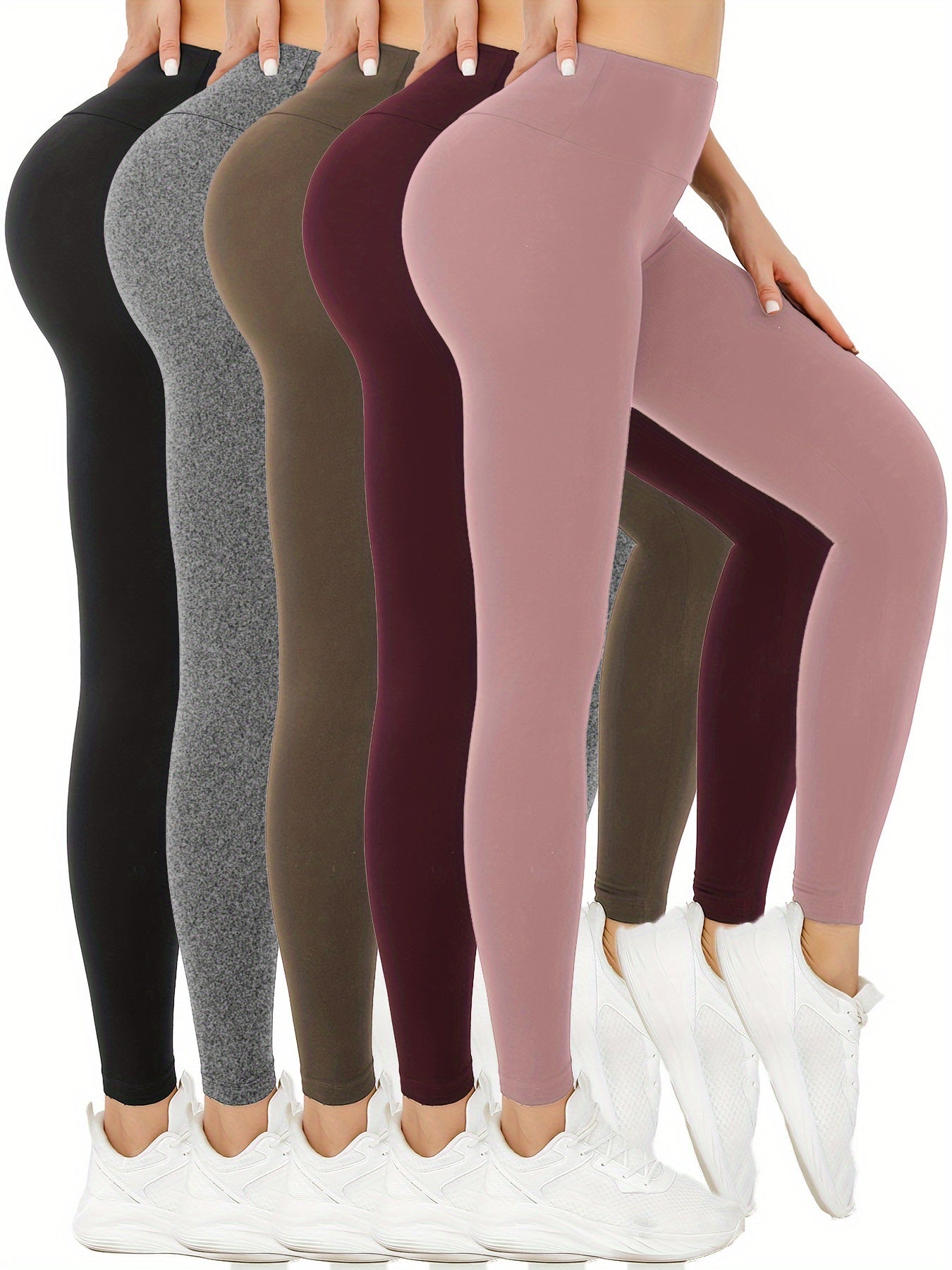 5 Pack Women's High Waisted Tummy Control Yoga Leggings - Full Coverage Solid Color Workout Pants, No See-Through, Opaque All-Season Gym Running Pants with Soft Stretch Fabric (5pcs Bulk Pack)