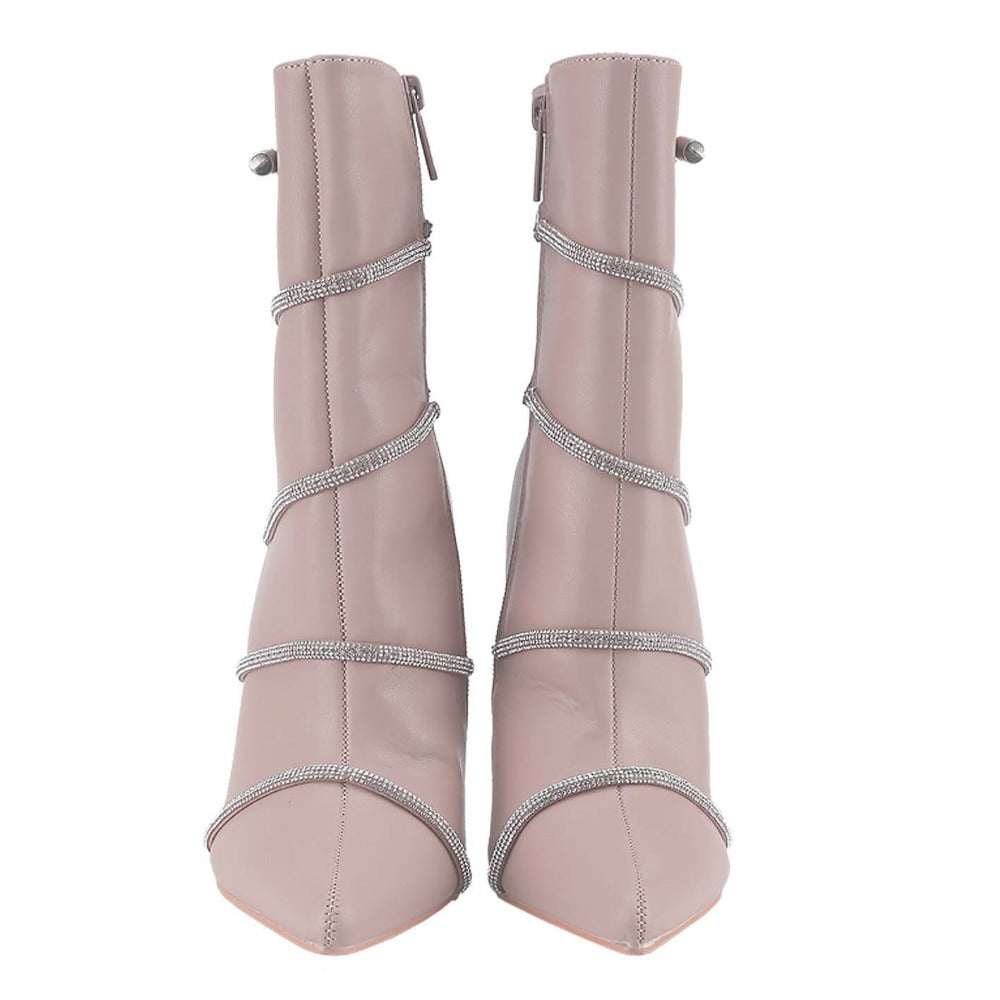 Crystal-Studded Heel Pointy Ankle Boots for Women