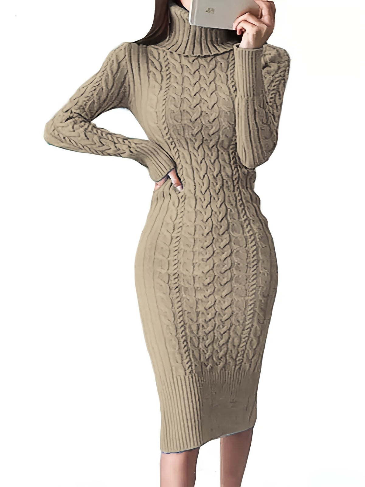 Womens Fashion Long Sleeve Turtleneck Sweater Dresses Knitted Bodycon Midi Sheath Jumper Dresses