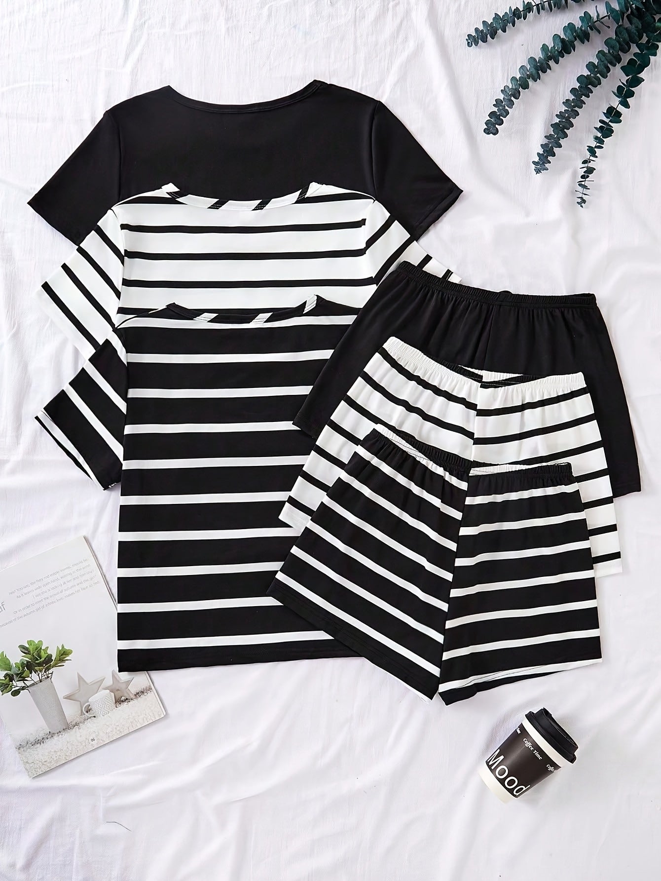 3pcs Set, Striped Short Sleeve Crew Neck Top and Shorts  Set, Casual Style