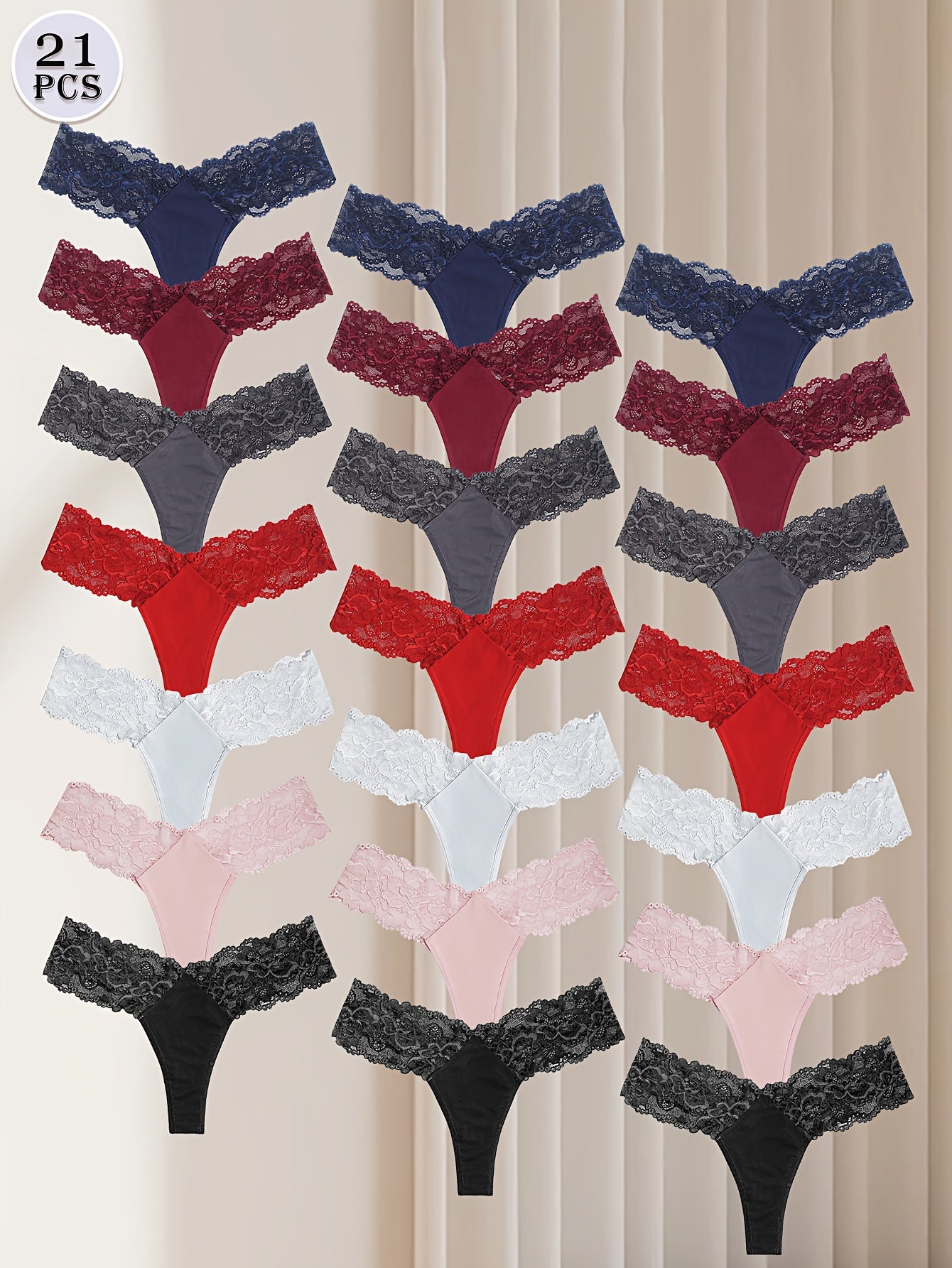 21pcs Women's Sexy Floral Lace Thongs Solid & Multi-Color Fashionable Low-Rise Panties for Women Comfortable & Stretchy, Breathable Soft Fit Elegant Bikini Panties