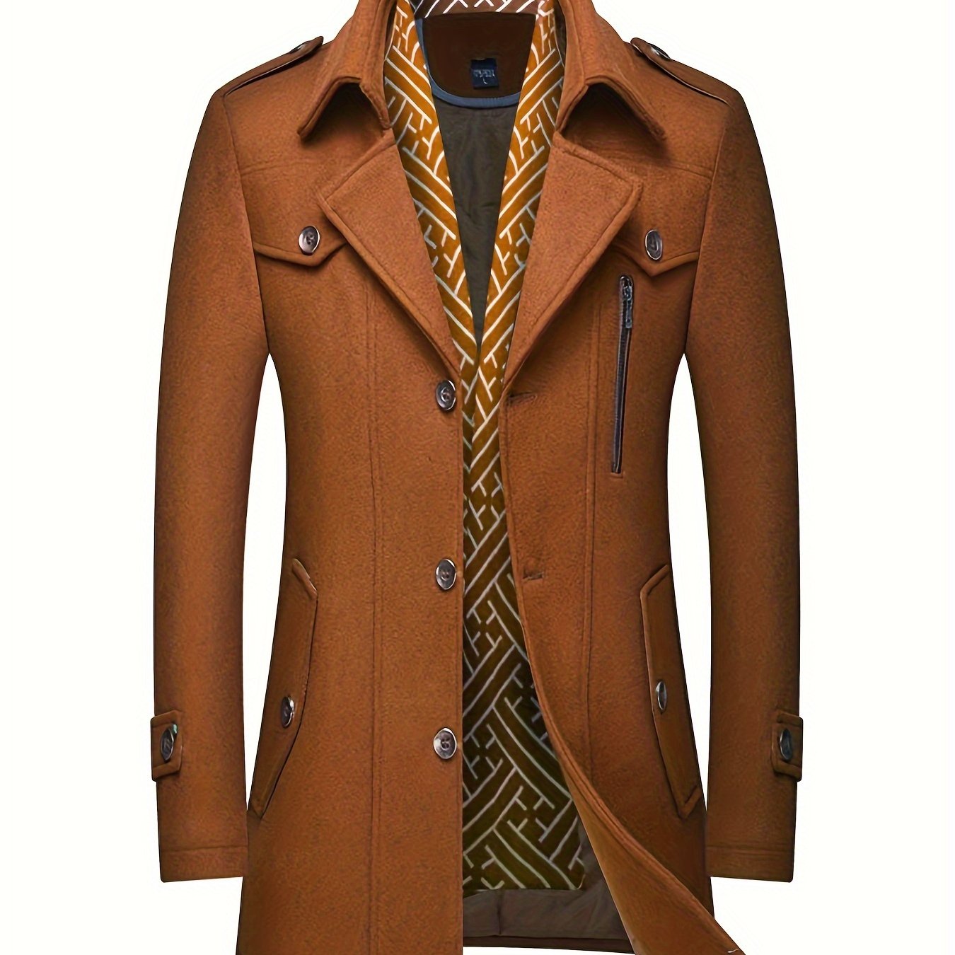 Men's Wool Blend Winter Coat with Detachable Scarf/Collars - Single-Breasted Trench Coat, Pocket & Durable - Warm Pea Jacket for Cold Weather, Casual & Formal Outfits (Hand Wash/Dry Clean)