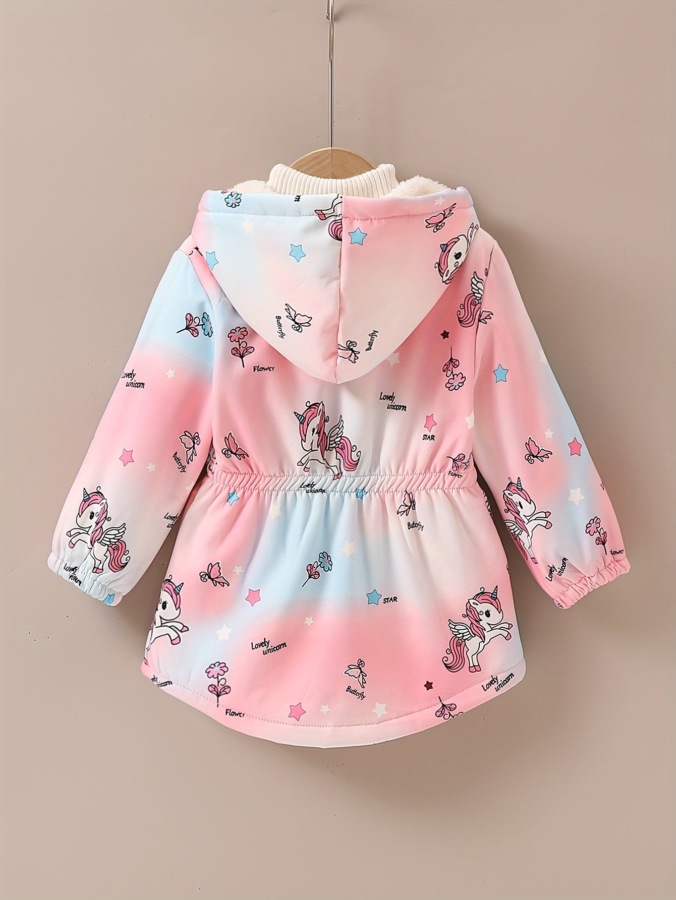 [Girls' Winter Jacket] Girls' Winter Fleece-Lined Hooded Jacket with Unicorn & Butterfly Print - Pink to Blue Ombre Design, Warm & Cozy Outerwear for Toddlers, Machine Washable Polyester, Girls Jacket