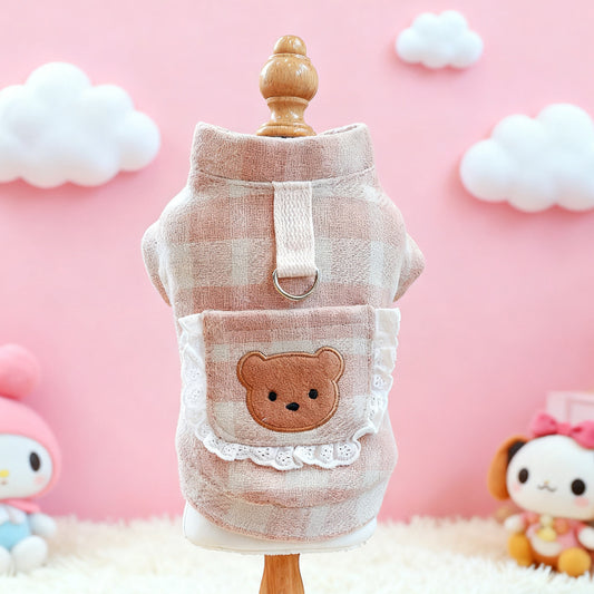 Pink Plaid Dog Jacket with Teddy Bear Buttons & Lace Trim - Soft Warm Winter Coat Suitable for Small Pomeranians, Chihuahuas, Shih Tzus, Poodles - Snap-On/Pullover Pet Sweater for Puppies & Small Dogs (Zipper or Button Closur