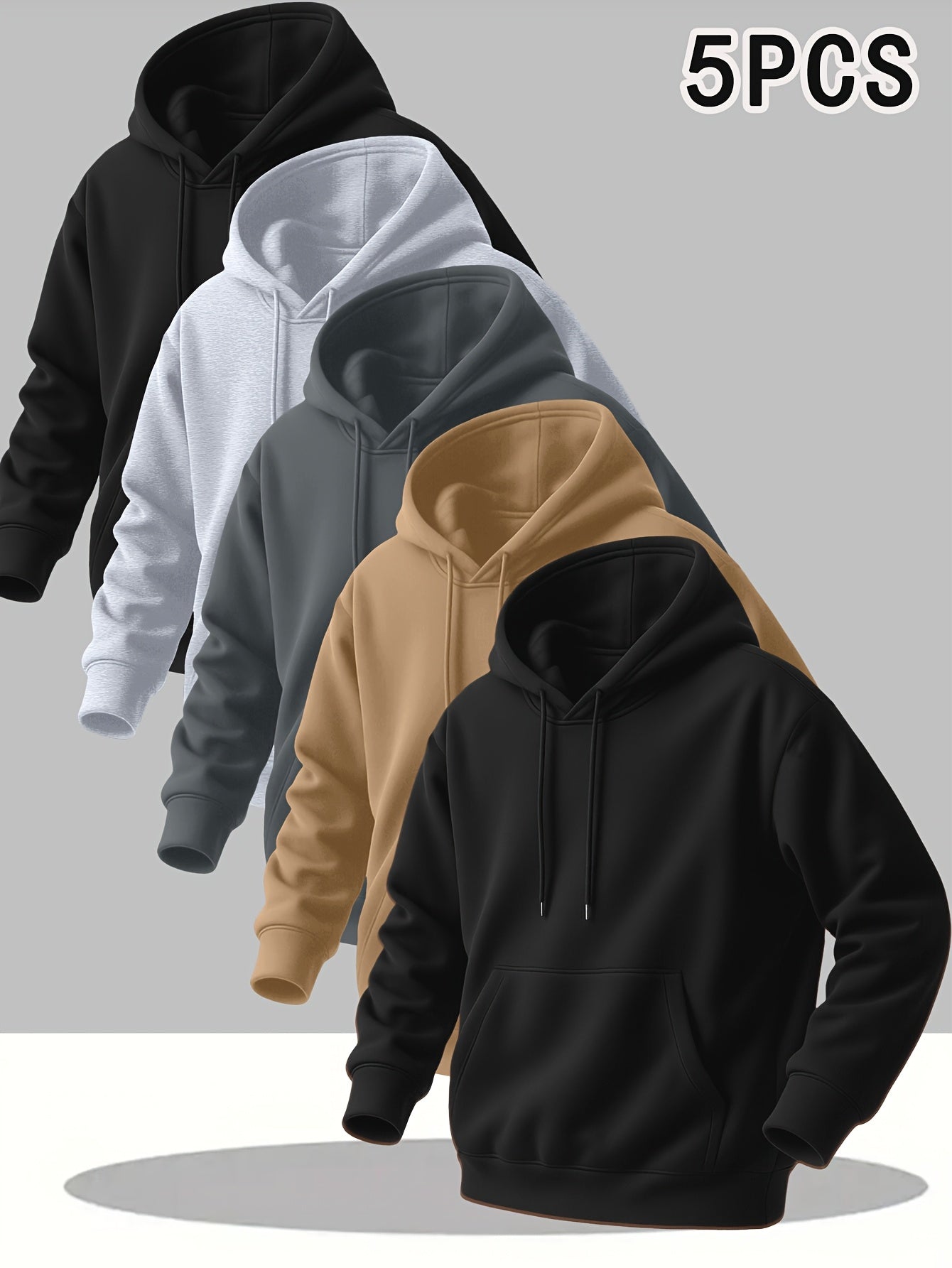 5pcs Solid Color Men's Hooded Long Sleeve Sweatshirts with Kangaroo Pocket - Breathable Pullover Sweaters, Machine Washable Outdoor Gym Jogging Wear, Spring/Fall Casual Layering (Regular Fit, 5pcs Bulk Order Discount)