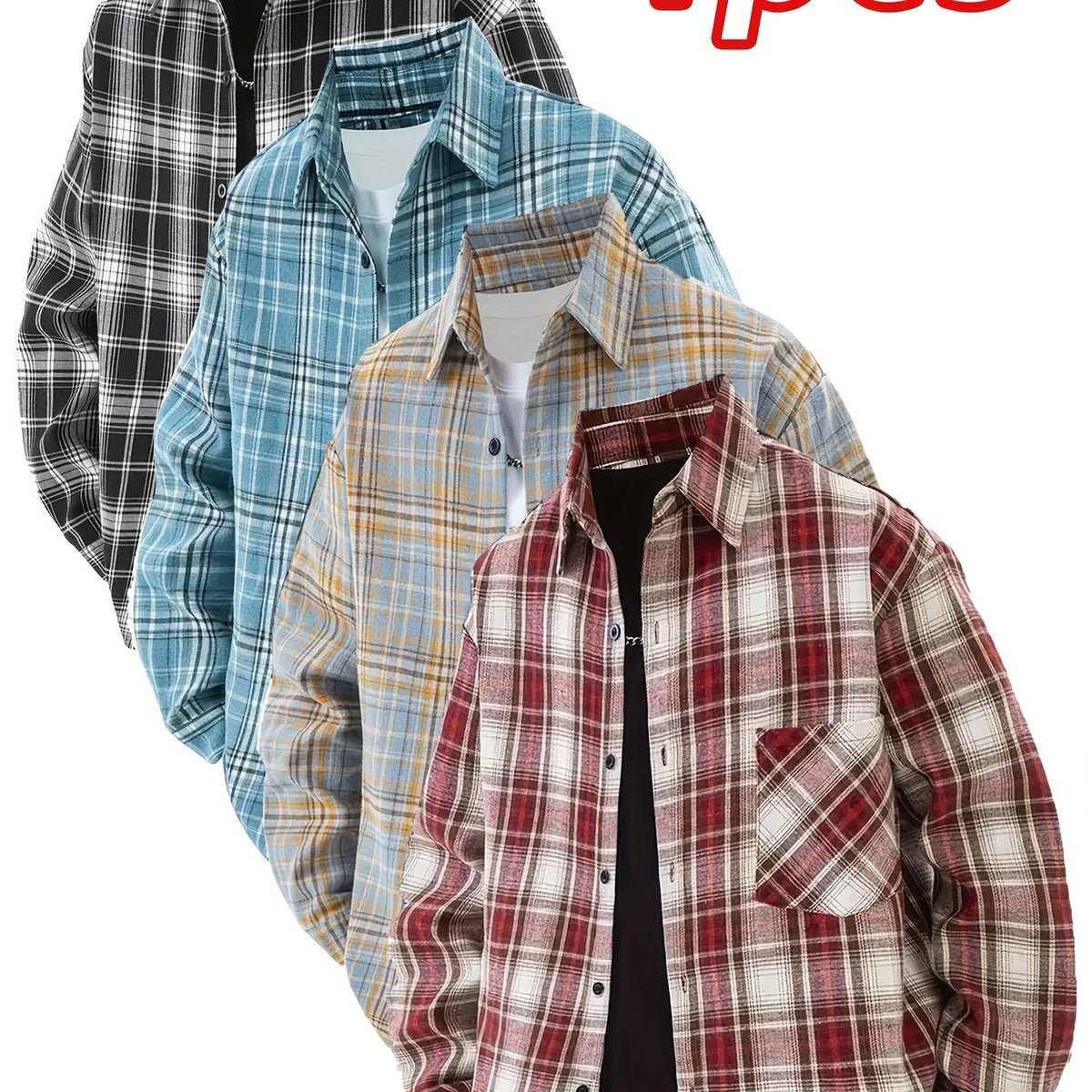 4pcs Unisex Retro Casual Button Up Shirt, Suitable for All Seasons. The Collar Design Is Classic And Elegant, with A Loose And Comfortable Checkered Pattern That Perfectly Meets Diverse Wearing Needs, for Teenager