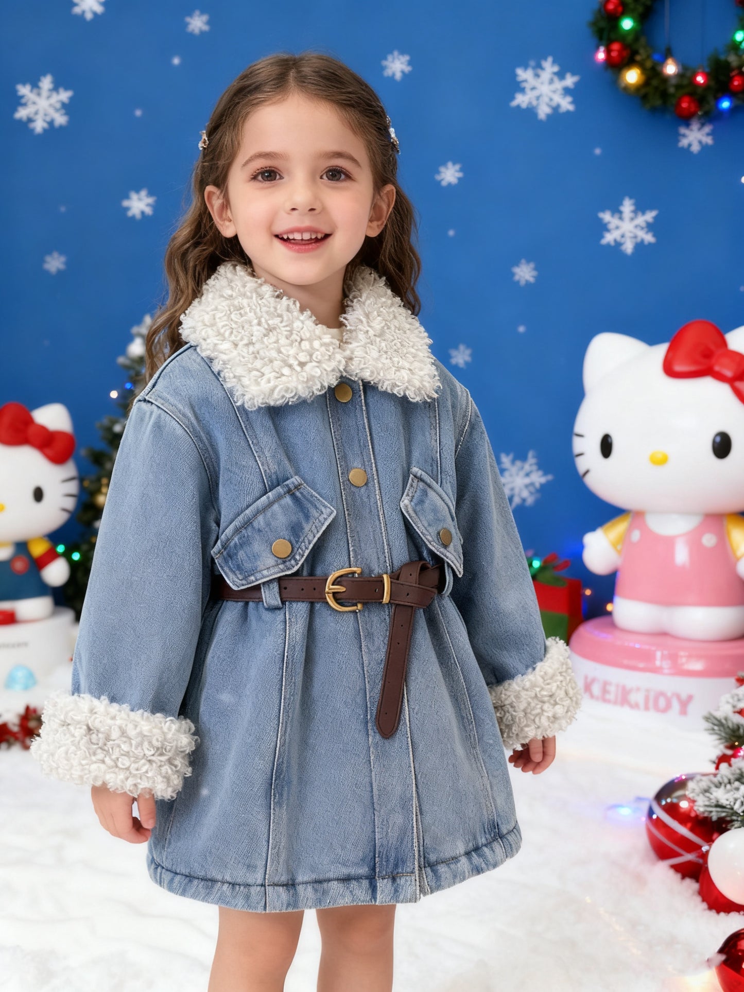 [Sanrio]Exclusive Design, Sanrio Family Print, Mid-long Length Fleece-lined Coat for Girls, Denim Fleece-lined Coat, The Latest Warm Coat for Autumn for and Winter. Comes with for a Belt. for a Gift for Your Daughter. for a M