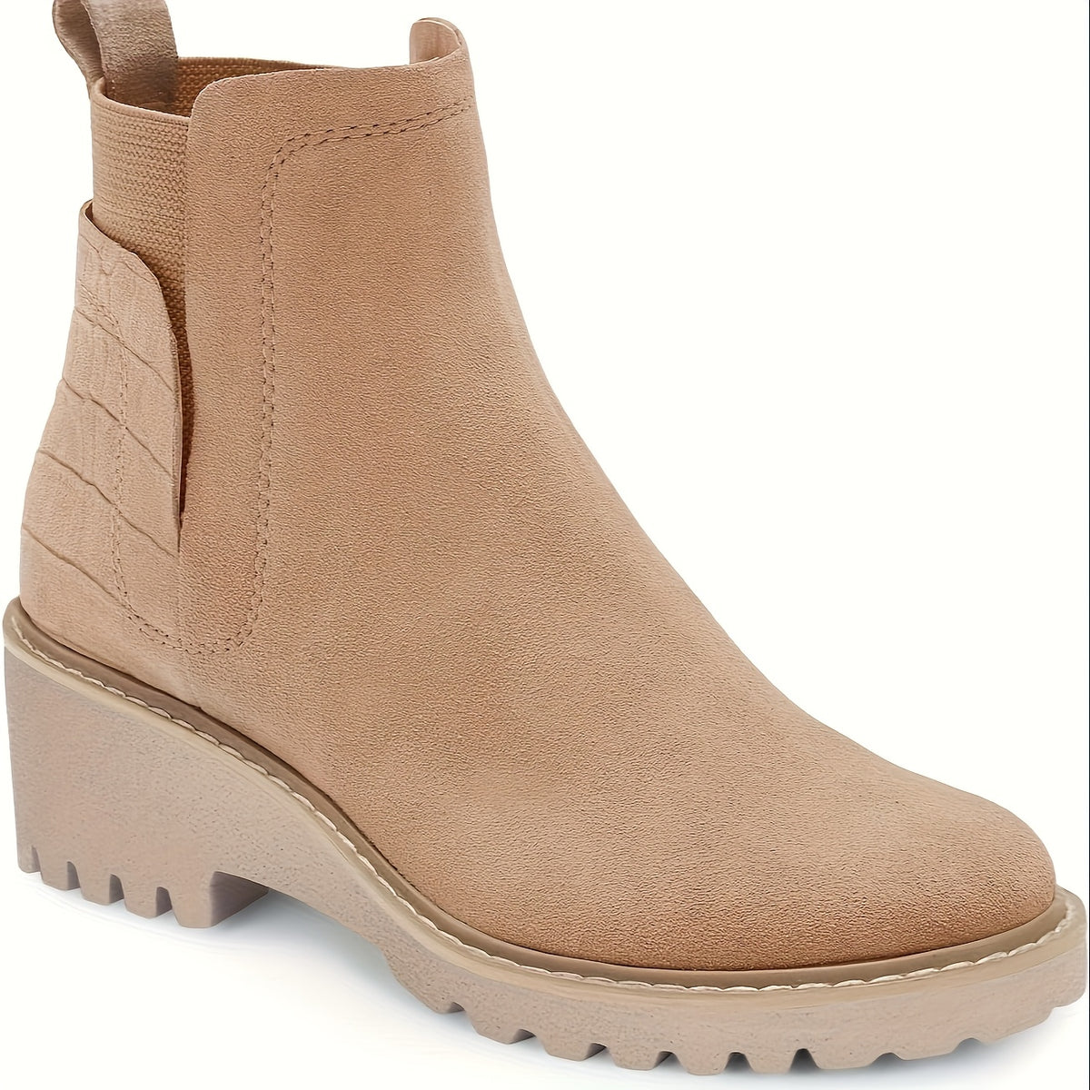 Women's Chunky Heel Boots - Slip-On Ankle High, Non-Slip Cover Cover, Thick Sole, Round Toe, Beige, Fashionable Short Boots for Casual Attire, Semiformal Boots | Modern Boots | Suedelike Boots