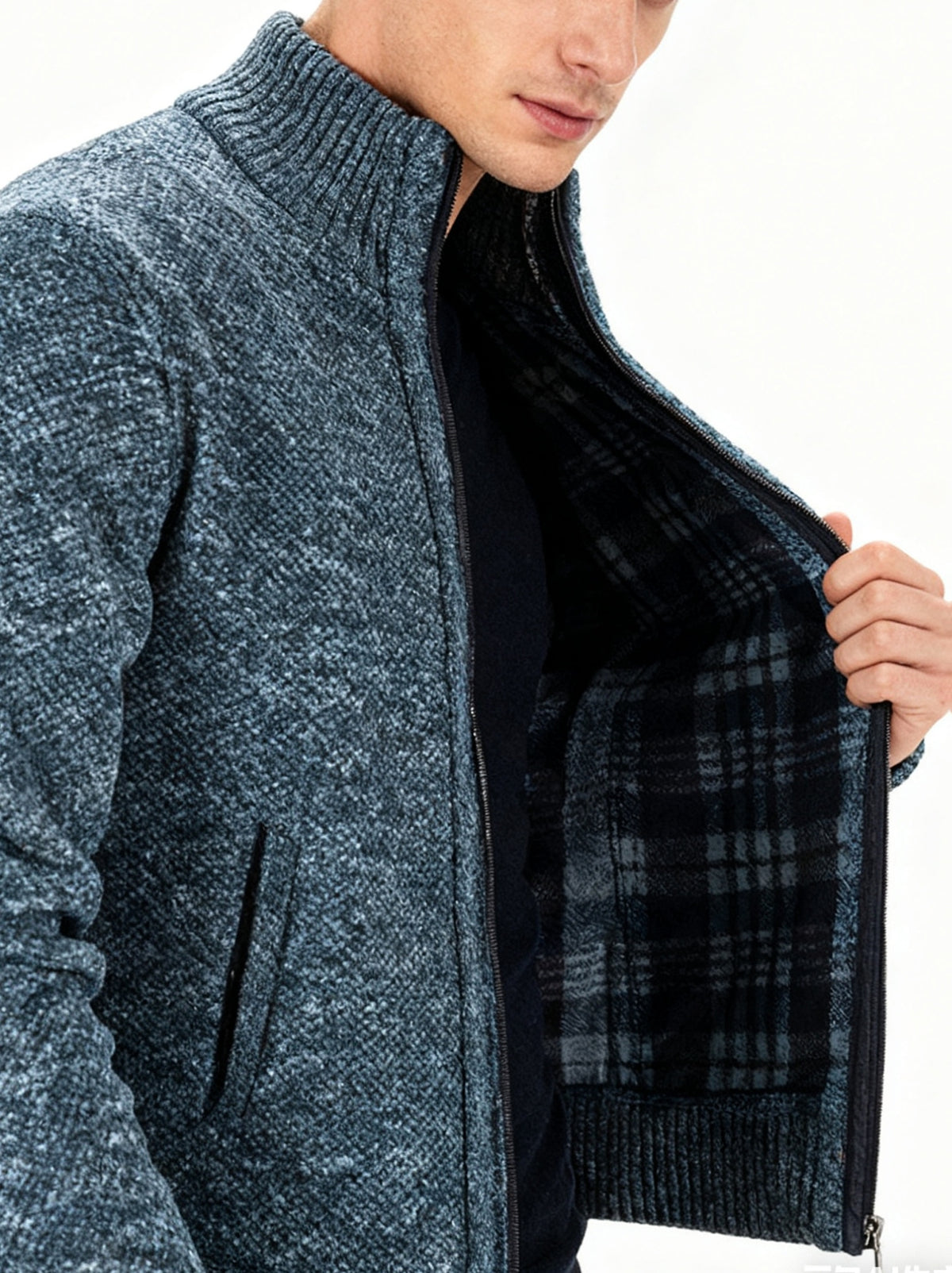 3pcs Set Men'S Fleece-Lined Knit Jacket with Polar Fleece Lining, Golf Collar & Zippered Front - Slim Stand Collar, Warm Winter & Autumn Coat, Casual to Semi-Formal Outerwear in /Dark Grey/Navy - Versatile Layering for Office