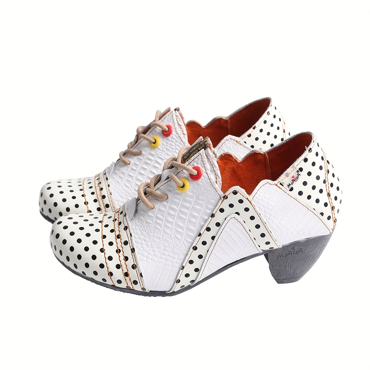 TMA EYES Women's Polka Dot Ankle Boots - Low Heel Lace-Up Anti-Slip Handmade Boots with Colorful Button Accents & Crocodile Texture, Second Layer Cover & TPR Sole, All-Season Versatile Casual to Dressy Footwear, Stylish Stree