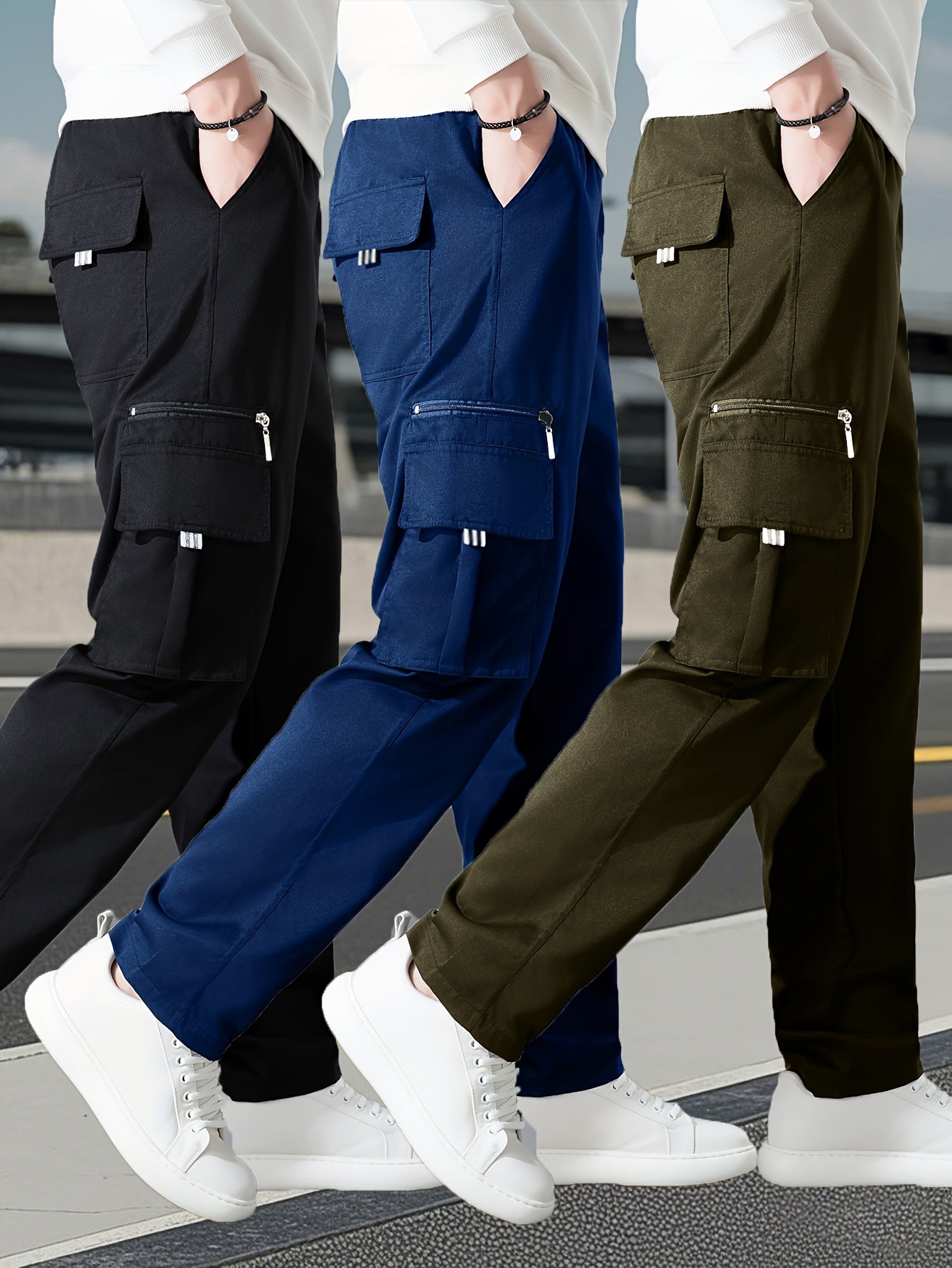 Set of 3 • Men's Outdoor Multi-Piece Work Pants • Solid Color • Classic Style for All Seasons