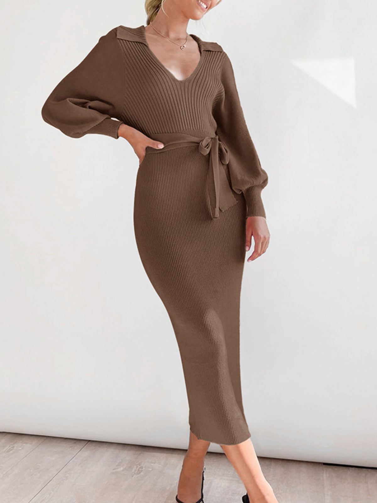 's 2025 New Winter Sweater Dress - Short White V-Neck Button-like Waist (No Buttons) Smock-like Collar, Lantern Bell Sleeves, & Tailored Hug Fit - Solid Color Dress for, Weddings, Parties (Hand Wash/Dry