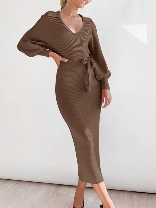 's 2025 New Winter Sweater Dress - Short White V-Neck Button-like Waist (No Buttons) Smock-like Collar, Lantern Bell Sleeves, & Tailored Hug Fit - Solid Color Dress for, Weddings, Parties (Hand Wash/Dry