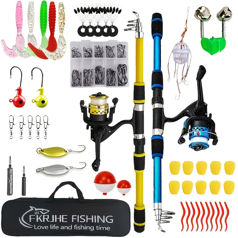 2pcs Fishing Gear Set/2 Telescopic Fishing Rods/2 Spinning Reels/1 Fishing Gear Bag/1 Box of Bait, Hooks, Sequins And Accessories