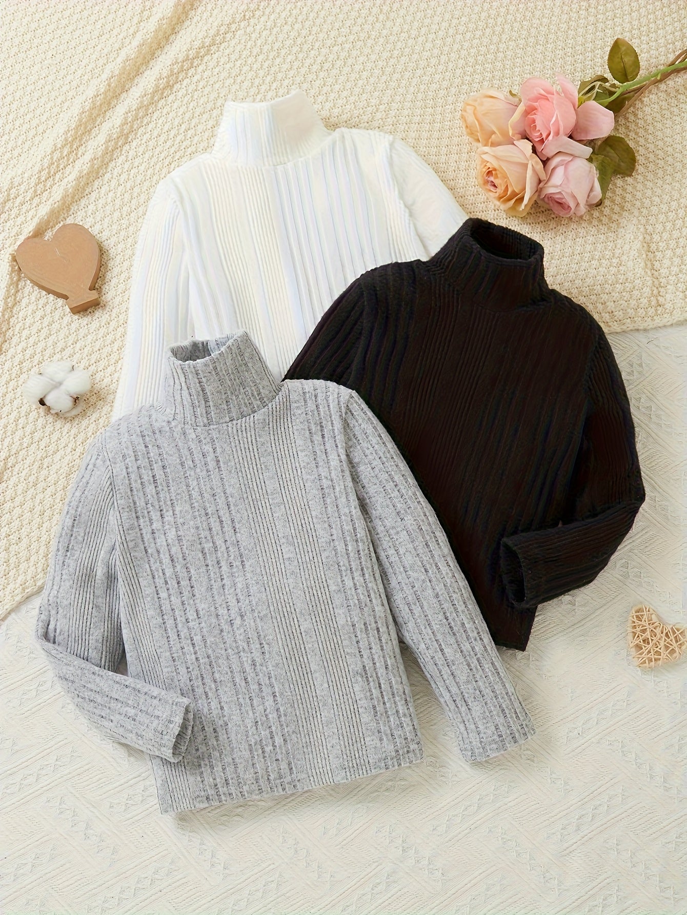 Girls' 3pcs High-Neck Long Sleeve Sweaters - Cozy Winter Warmth, Soft Knit Pullover Tops in, &, Casual Round Neck Sweaters for Fall/Winter, Machine Washable Solid Color Outfits, Winter Clothing, Classic Knitwear, Durable Knit