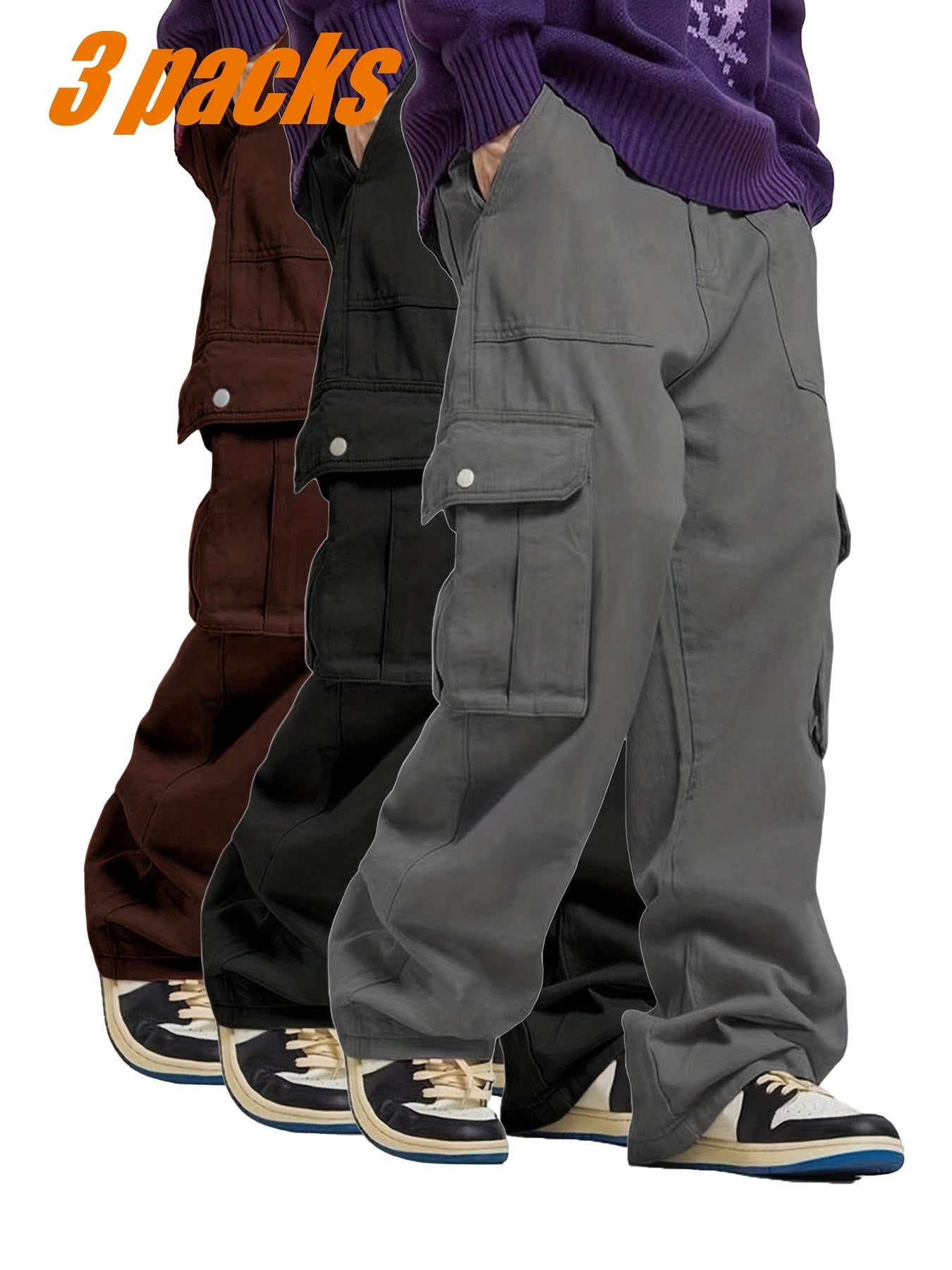 Men's casual multi-piece solid color fashionable multi-pocket cargo pants [Three-piece set]
