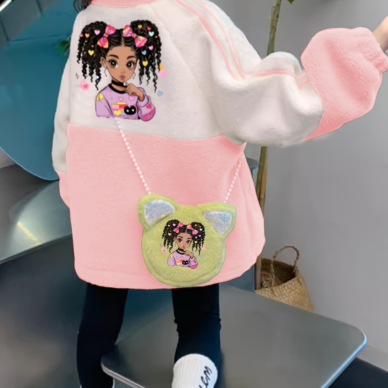 Girls' Winter Coat with Heart & Bunny Face - Soft Fleece-Lined Zipper Front, Loose Fit Long Sleeve Outerwear, Cute Cartoon Character Design for Halloween & Everyday