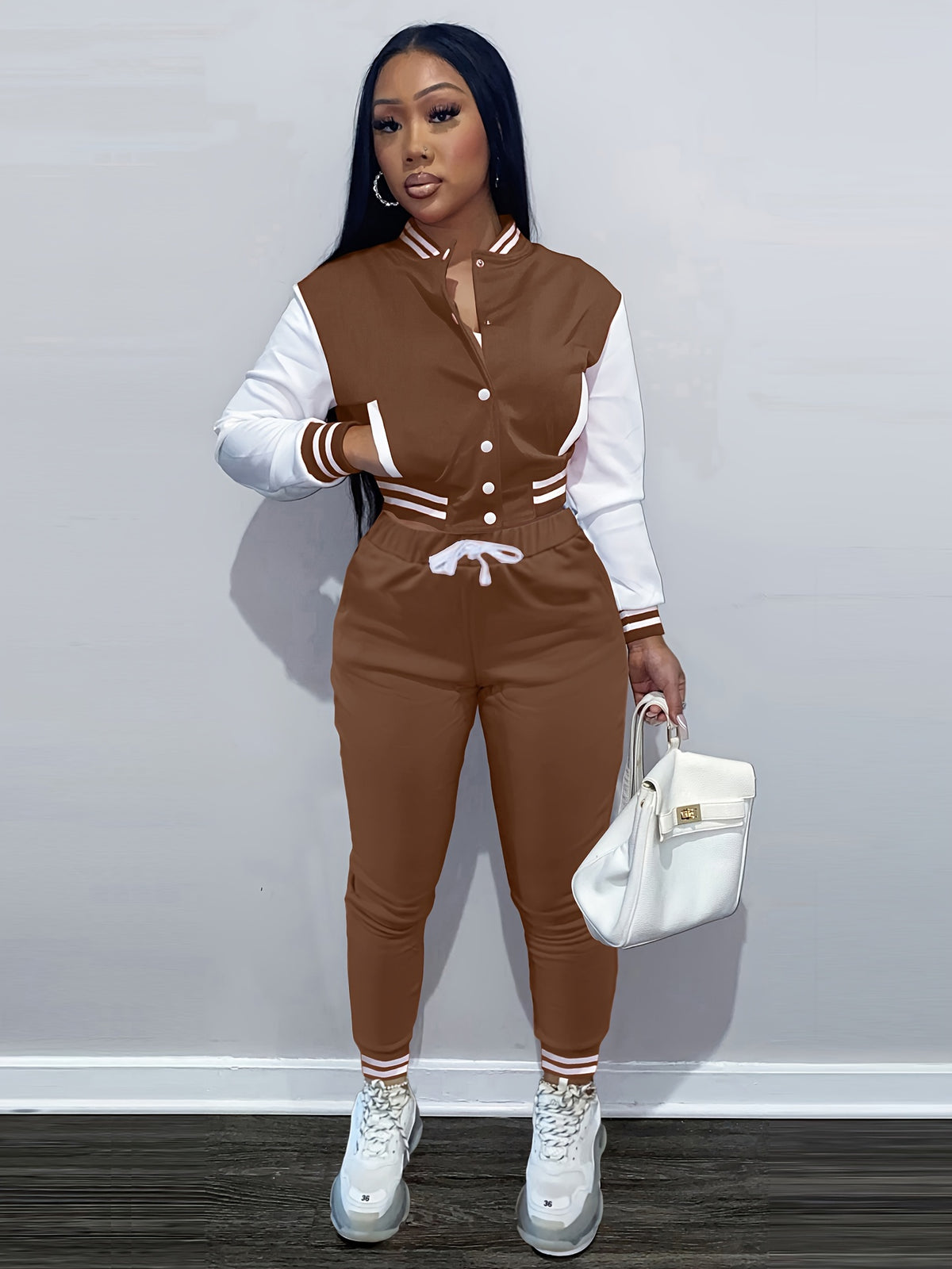 European And Trendy Women'S Patchwork Jacket with Single-Breasted Baseball Suit, a Two-Piece Outfit