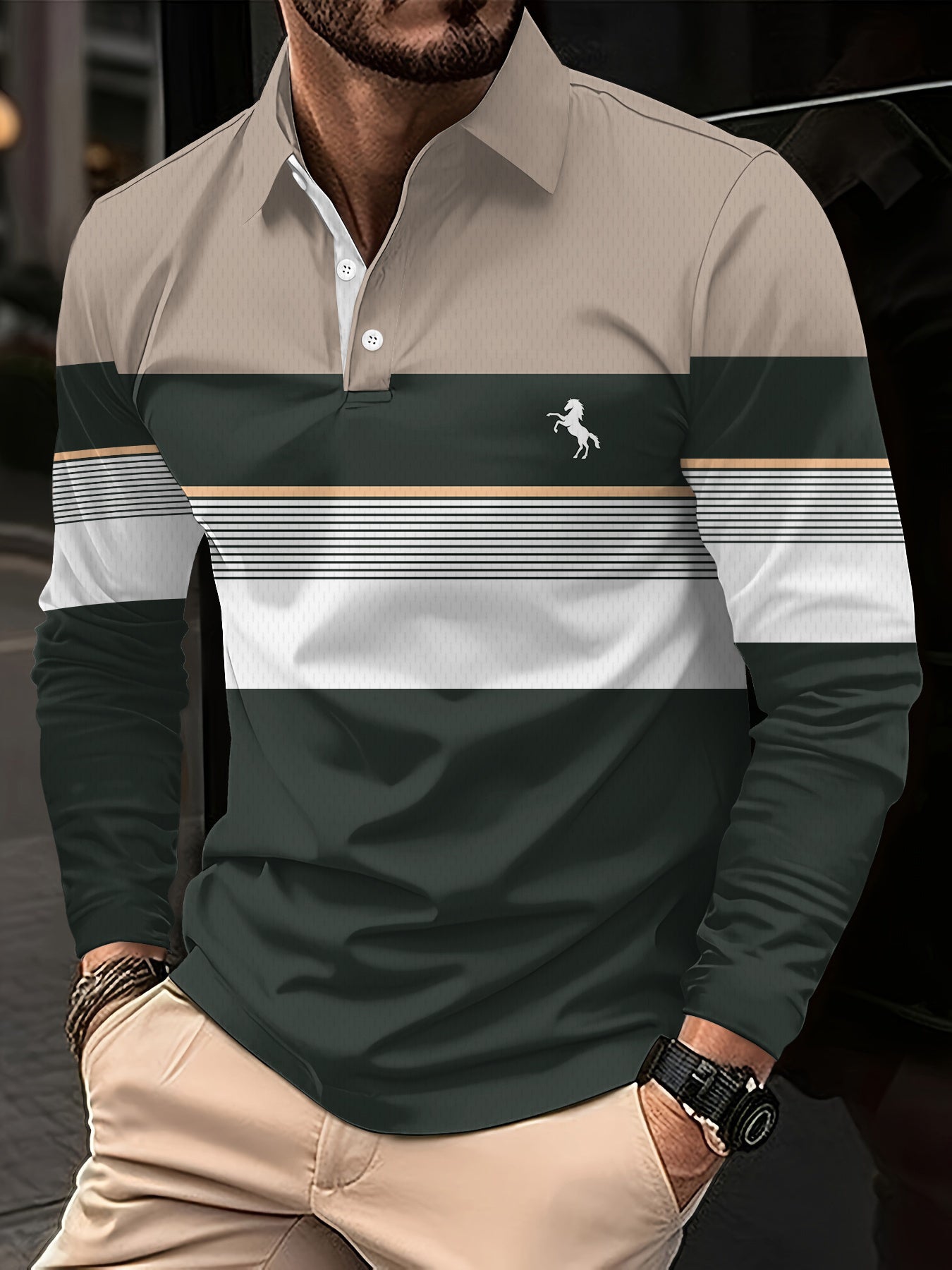 3pcs set • Men's long-sleeved shirt with 3D printed casual golf shirt • Striped design and English logo pattern • Sporty style • Men's long-sleeved shirt