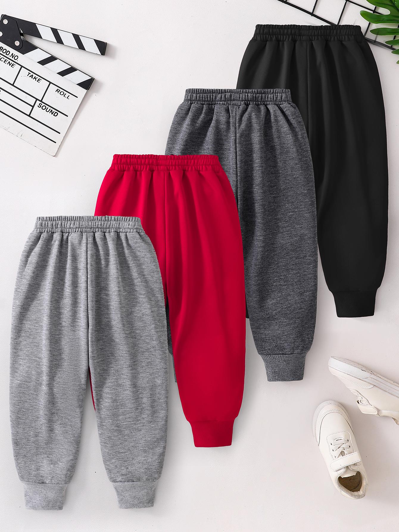 4pcs Boys' Long Pants Set with Elastic Waist & Adjustable Drawstring - Soft Breathable Athletic Pants with Pockets, Multi-Color (Grey/Red/) for Active Play & Casual Attire - Winter Warmth, Easy On/Off, Durable 'rousers for Sc
