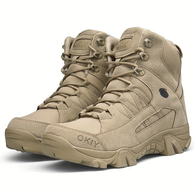 Men's Tactical Hiking Boots with Ankle Support & Non-Slip Rubber Outsole - All-Terrain Traction, Cushioned Insole, Lightweight PU Synthetic Upper - Beige/Tan Low-Top Tactical Outdoor Boots for Trekking, Hunting, Camping, Urba