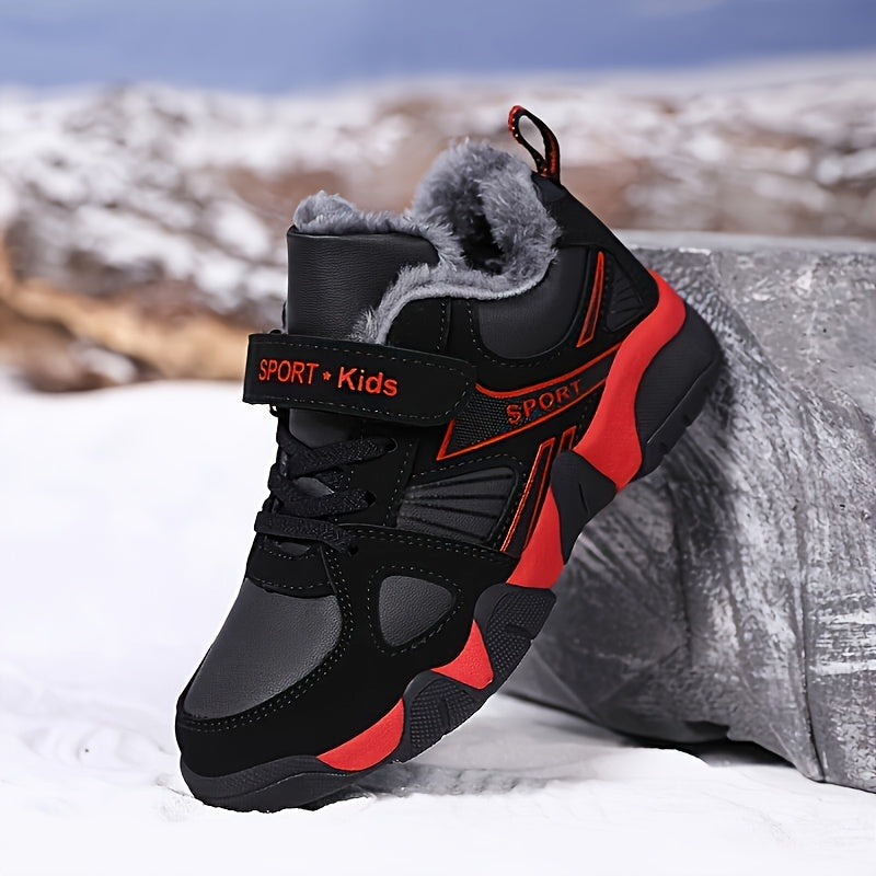 Youngsters' Winter Sports Shoes - Boys & Girls, Low-Top Lace-Up with Closure, Upper & Rubber Sole, Black with Blue Accents, Warm Fleece Lining for Outdoor Activities, Running, Hiking, Casual Wear, Winter Sports Gear | Stylish
