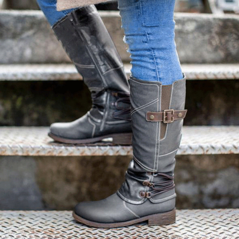 Women's Cover Round Toe Low Block Heel Boots with Buckle & Lace-Up Closure, Thick Winter Warm Cowhide for Casual Outfits, Casual Attire & Cold Weather ( Sole) - Cozy Ankle Booties for Dresses/Skirts/Trousers