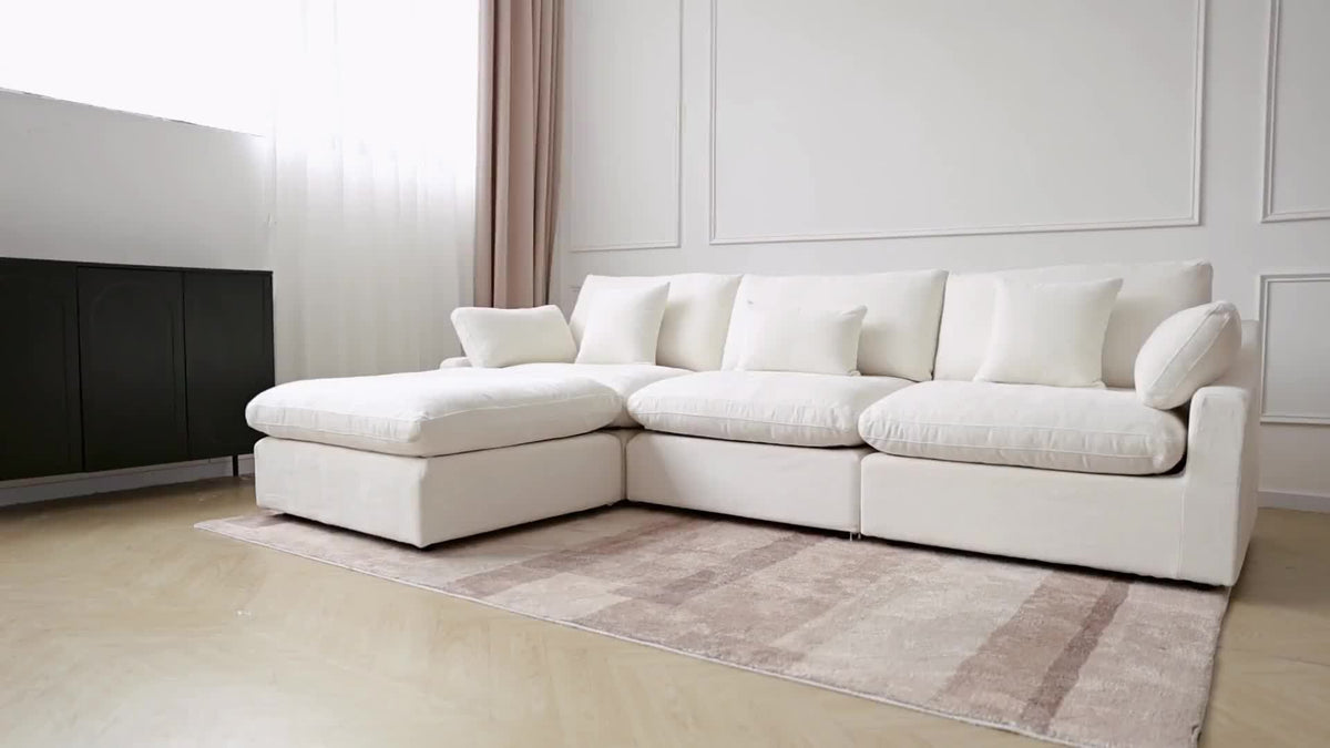 Modular Sectional Sofa Cloud Couch, 119.29" Khaki Modular Couch, Linen Blend Fabric Minimalist Deep Seat Sectional Couches For Living Room, Sofa Covers Washable&Removable