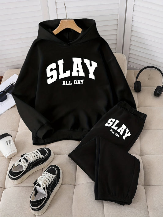 2pcs Girls' Black Hooded Sweatshirt and Rib-Knit Pants Set | Casual Alphabet Graphic Print, All-Day Wear, Fall/Winter Fleece-Lined Outfit, for Outdoor