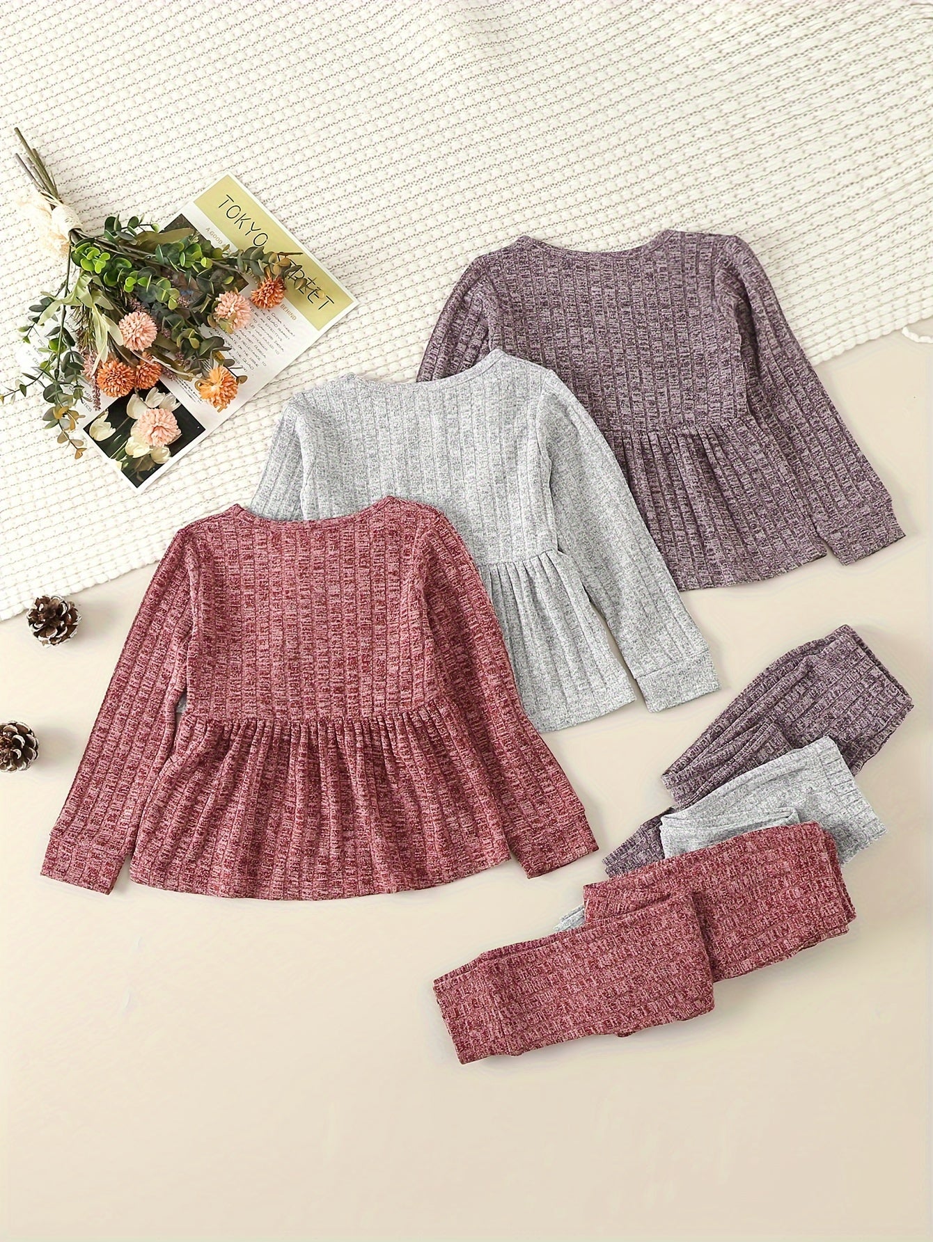 [3pcs Girls' Knit Set] 3pcs Girls' Knit Long Sleeve Dress & Leggings Set | Casual Top & Pants Outfit for Little Girls, Perfect for Outdoor