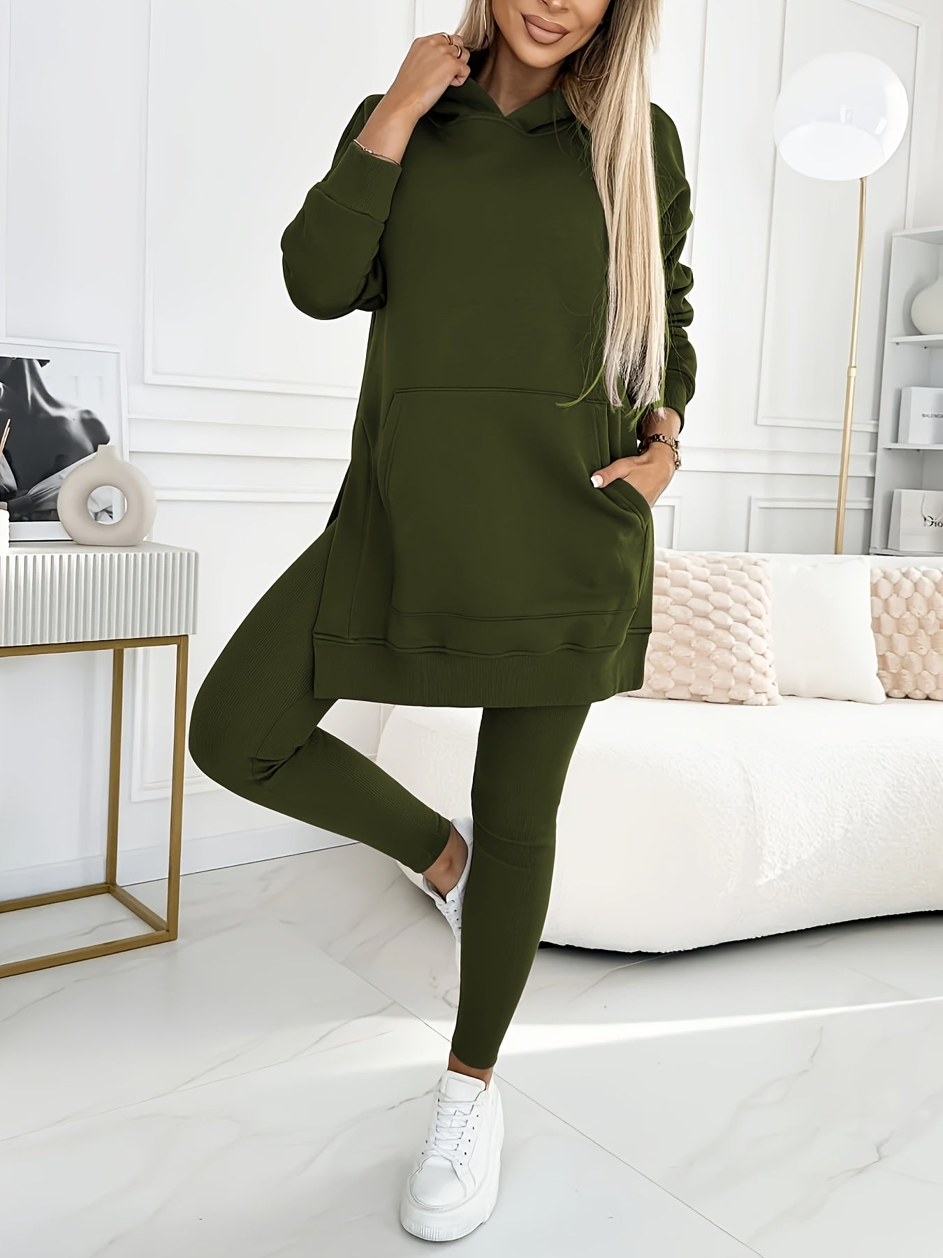 Directional Casual Suit, Women'S Solid Color Hooded Sweatshirt + Solid Color Leggings Two-Piece Set, Machine Washable And Dry Cleanable, Suitable for Daily Commuting