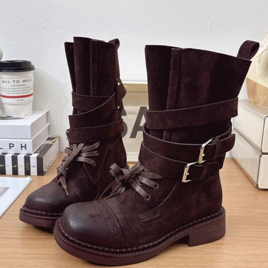 Women's British Style Genuine Motorcycle & Boots - Full-Grain Cowhide Upper, Round Toe Belt Buckle Mid-Calf Boots with Rubber Sole, Western Riding Boots for Equestrian, Casual & Outdoor (Comfortable Durable All-Terrain)