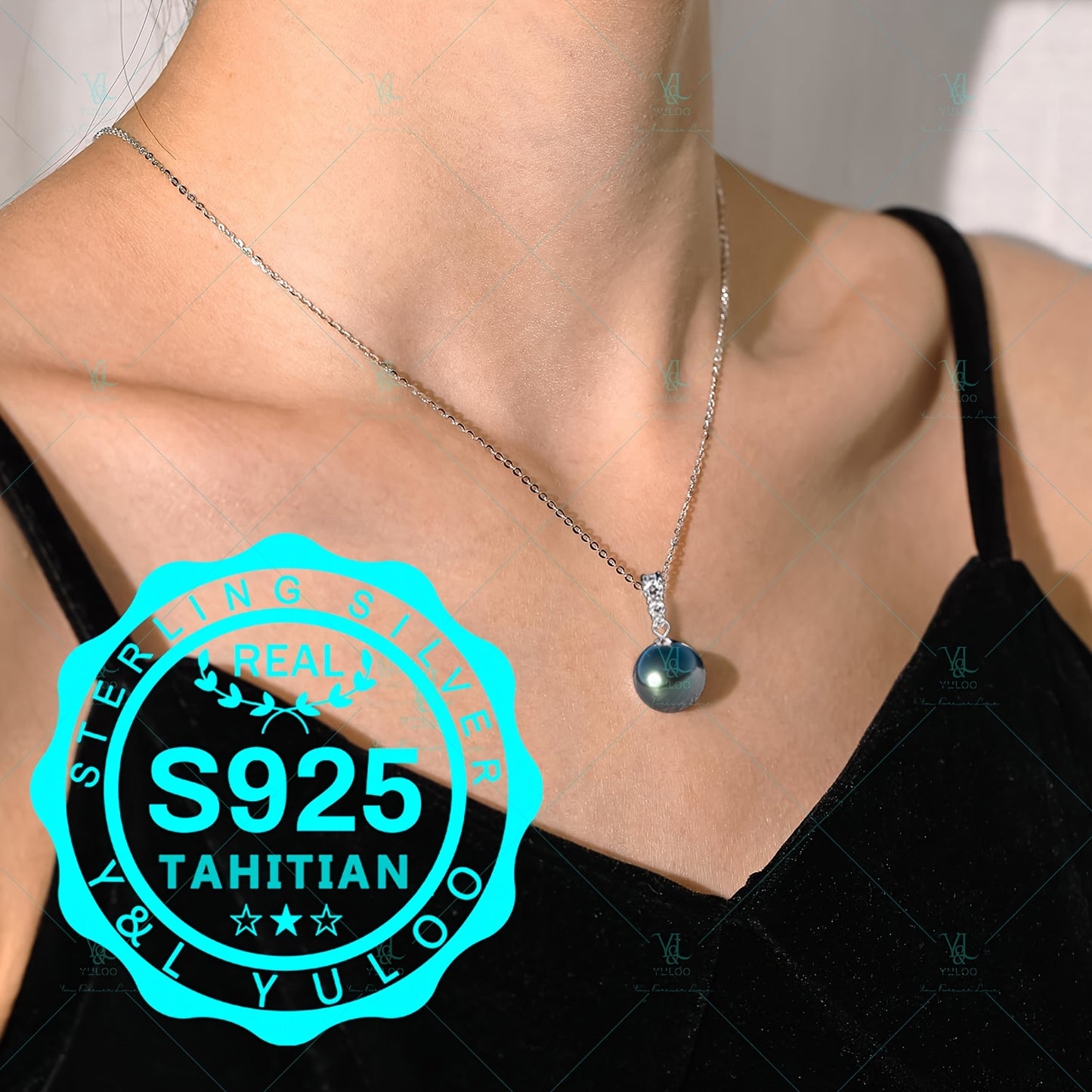 12-13mm Natural Tahitian Cultured Round Black Pearl Set in S925 Pure Silvery