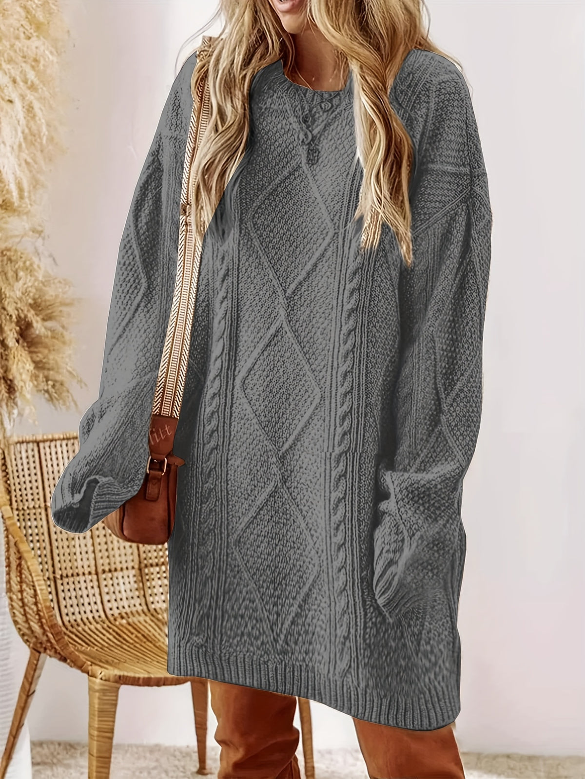 Plus Size, Beige Cable Sweater Dress - Oversized Slouchy Mid-Length Dress with Drop Shoulder, Cozy Winter Dress for Fall/Winter, Beige Cable Pattern Pullover, Elegant Casual to Dressy Wear