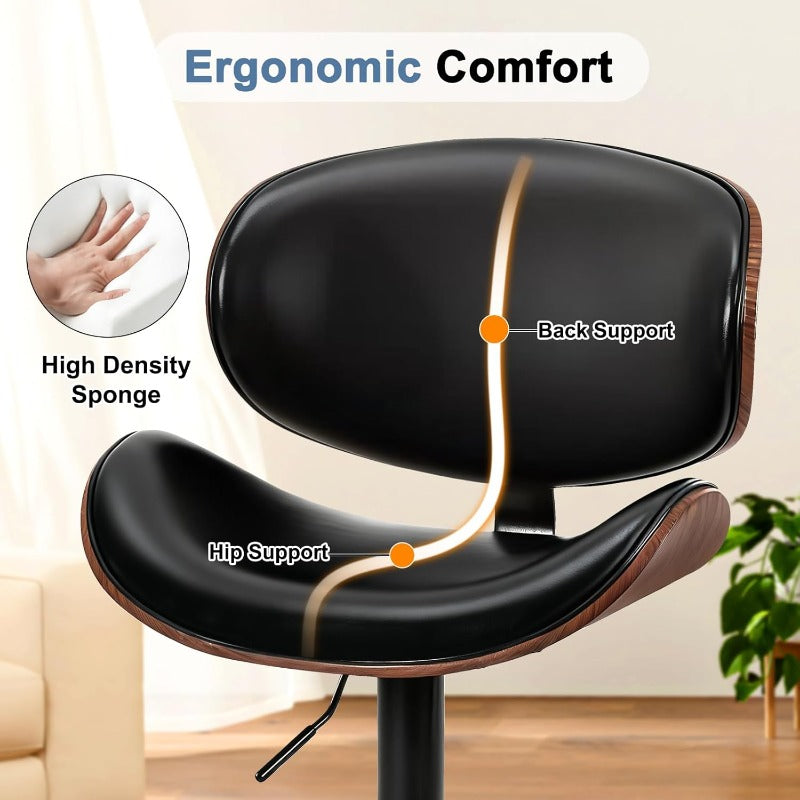 Bar Stool Set (2-Piece/4-Piece/6-Piece), Adjustable Bar Height, PU Leather-Covered Seat, Ergonomic Backrest and Footrest, Non-Slip Rubber Base, Suitable for Bars and Home Kitchen Islands, Black