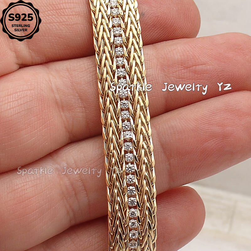 925 Sterling Silver Golden Double-layer Wheat Chain Bracelet, Set with High-quality Moissanite, Ladies' Jewelry Bracelet, Ladies' Golden Byzantine Bracelet, Daily Gift for Wife And Lover, Birthday, Anniversary, Halloween And